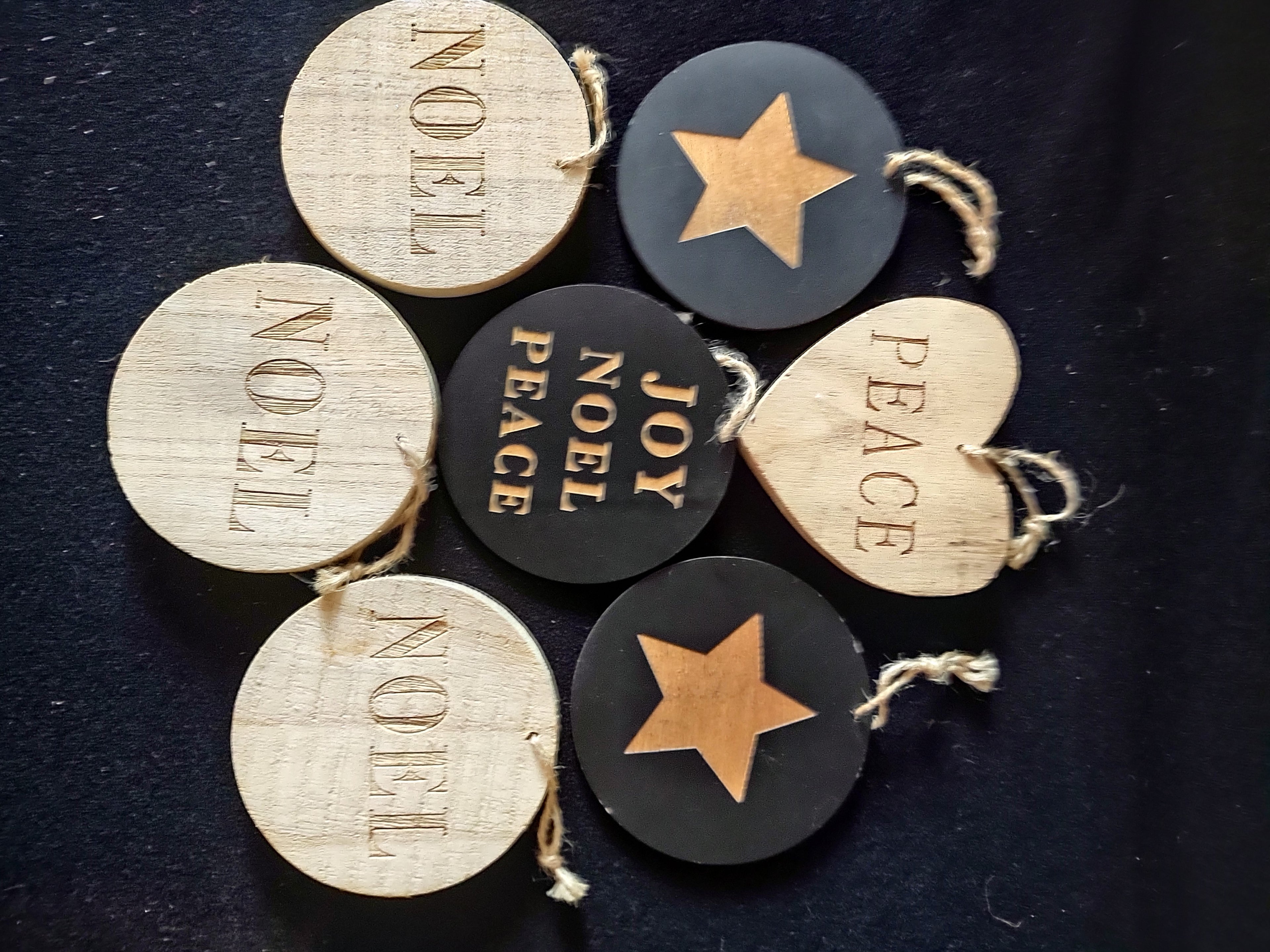 Christmas Wooden Ornaments 3 Noel 1 Peace 2 Stars 1 Joy Noel Peace 3.5"(Lot 4653