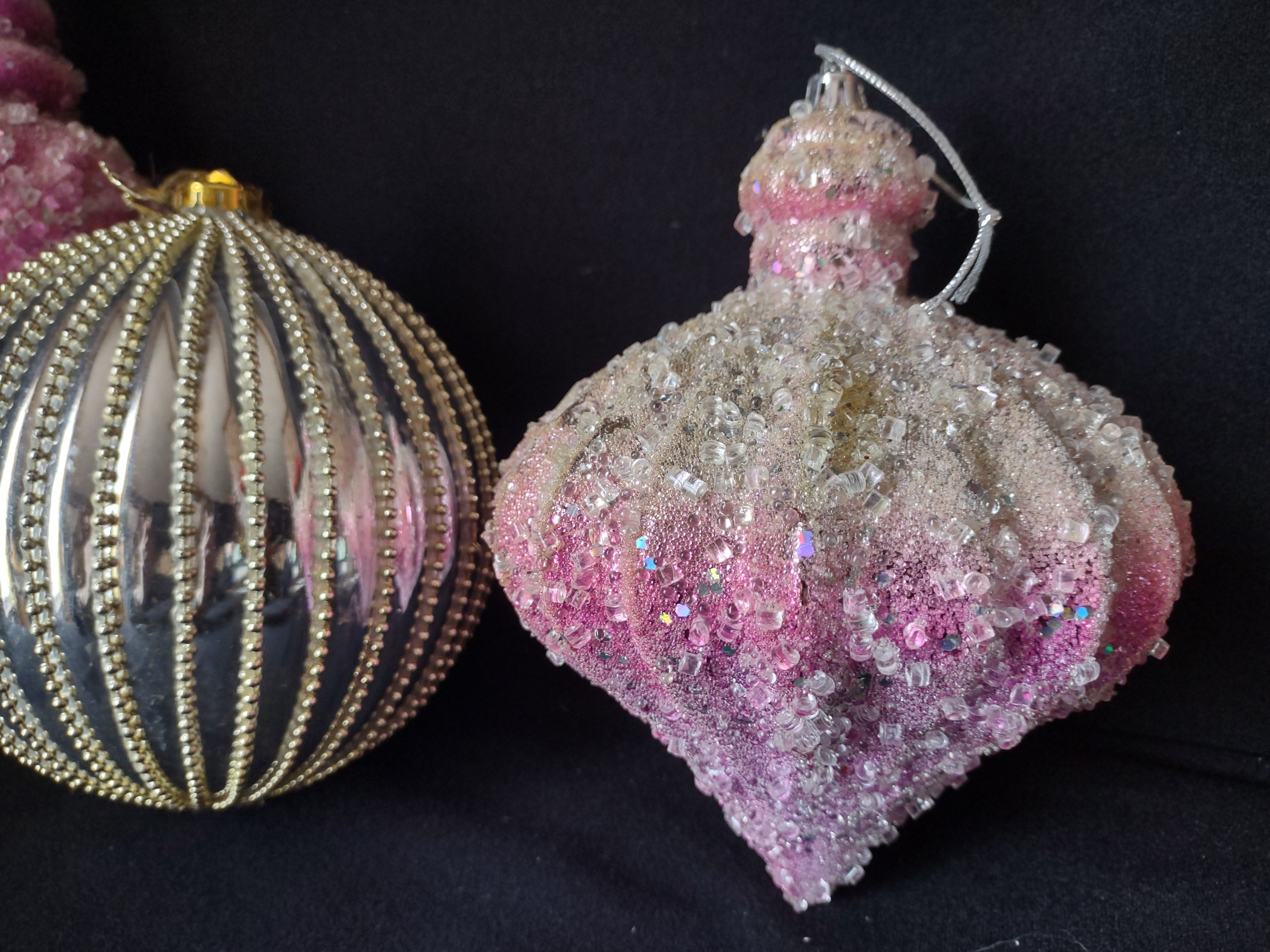 Lot of 3 Christmas Ornaments Pink Gold Sparkly 10" IMPERFECT (lot 1571)