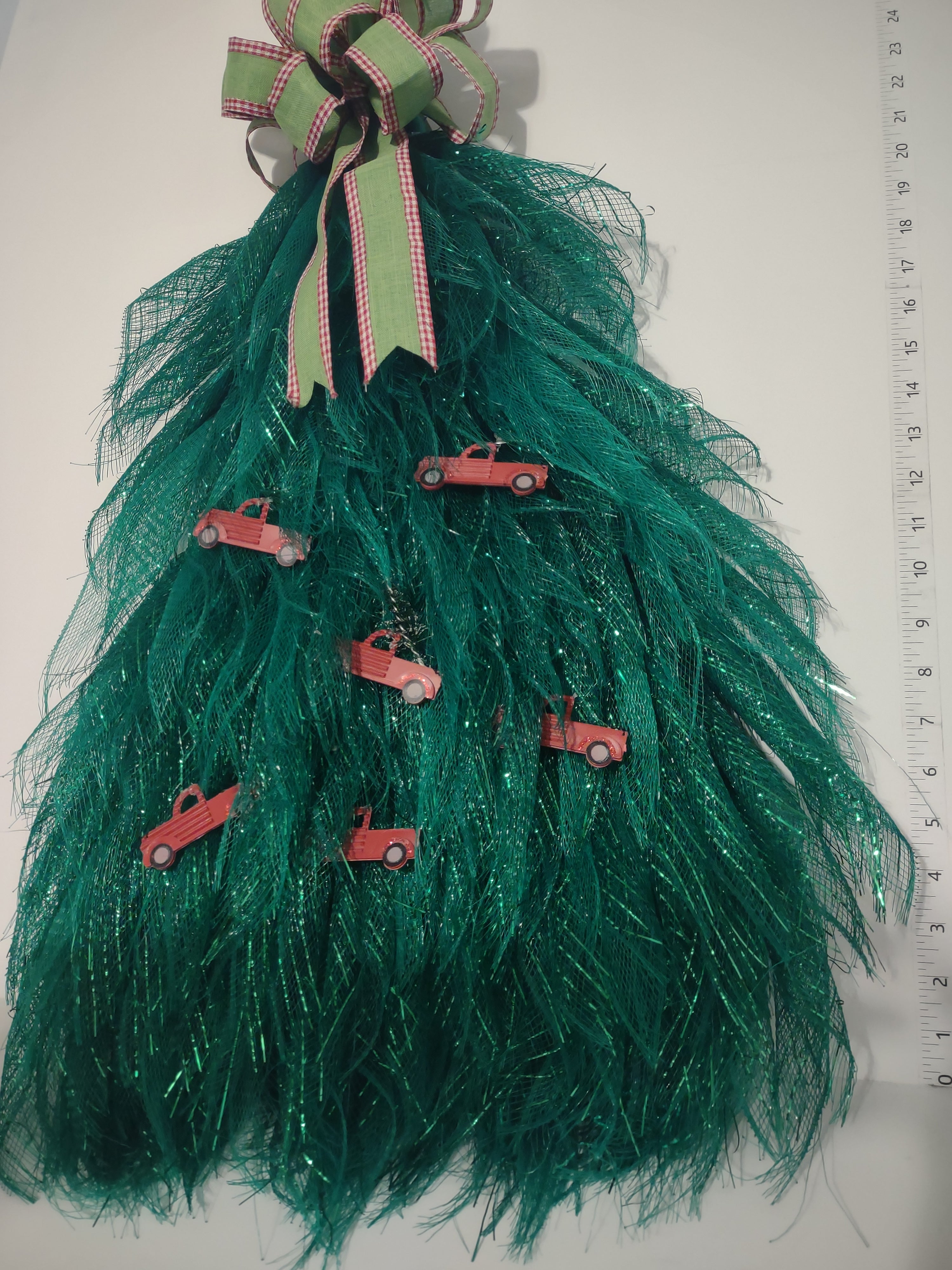 Handmade Ribbon Green Christmas Tree w/ Red Truck Flat Hang on Wall 24" lot 1296