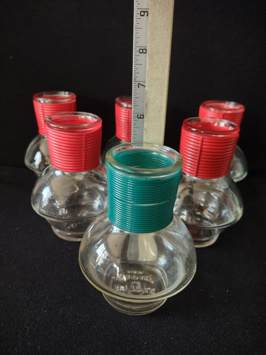 Vintage Hottle Carafe Clear Glass x 6 NO Lid Red Green (lot 5254)