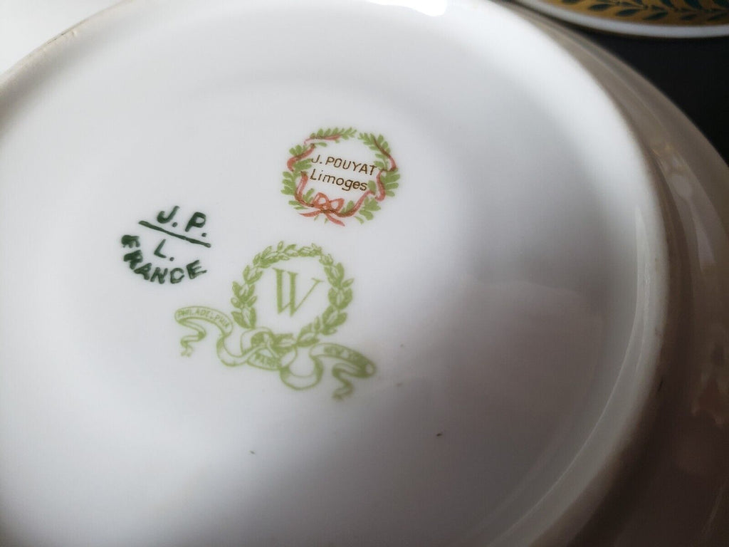 JP Limoges France Gold Trim Green Laurel 3 x Bouillion Cup & Saucer (lot 597)