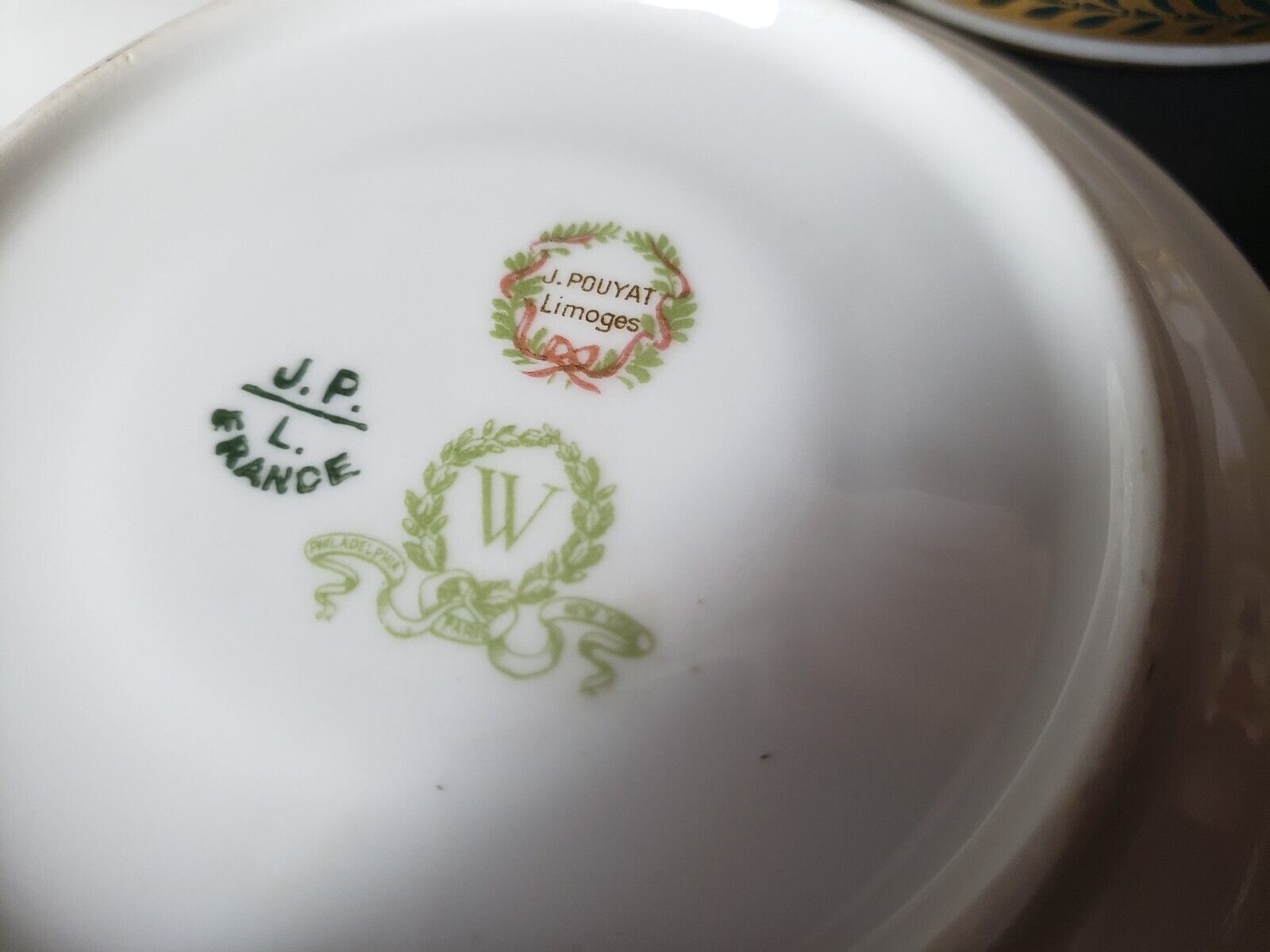 JP Limoges France Gold Trim Green Laurel 3 x Bouillion Cup & Saucer (lot 597)