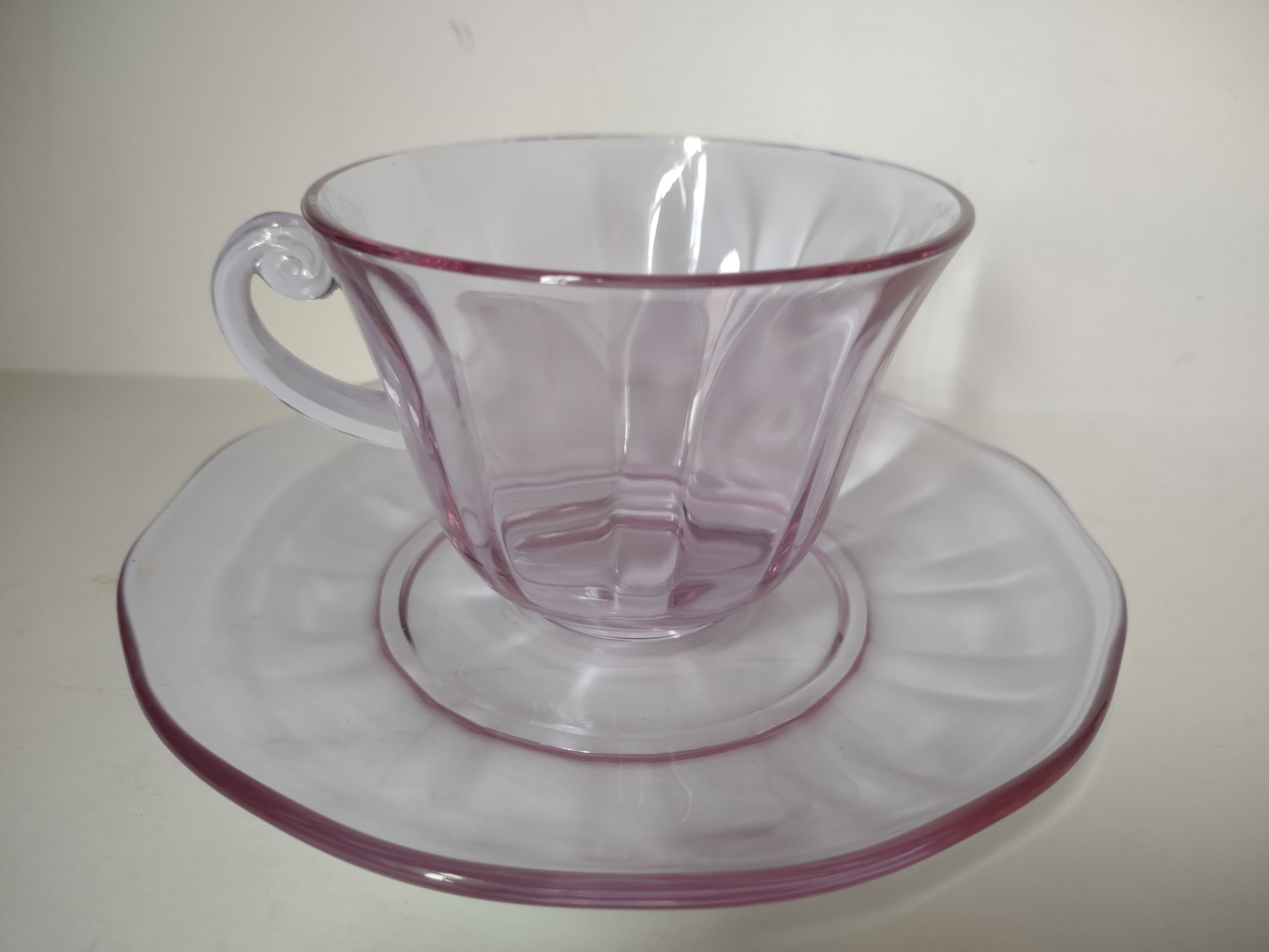 Fostoria Wisteria Lilac Lafayette Glass Teacup & Saucer Set Neodymium (lot 2730)