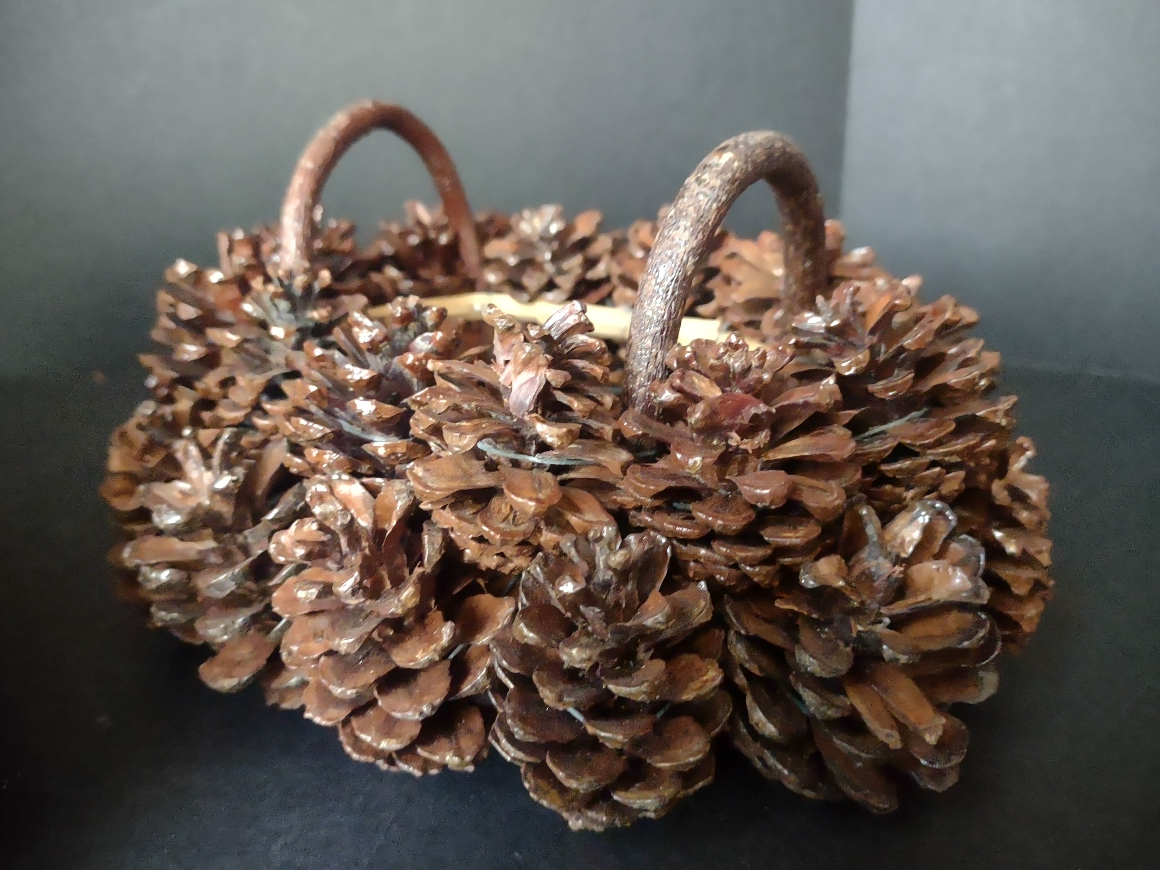 Vintage Christmas Golden Primitive Rustic Pinecone Basket x 2 (lot 1183)