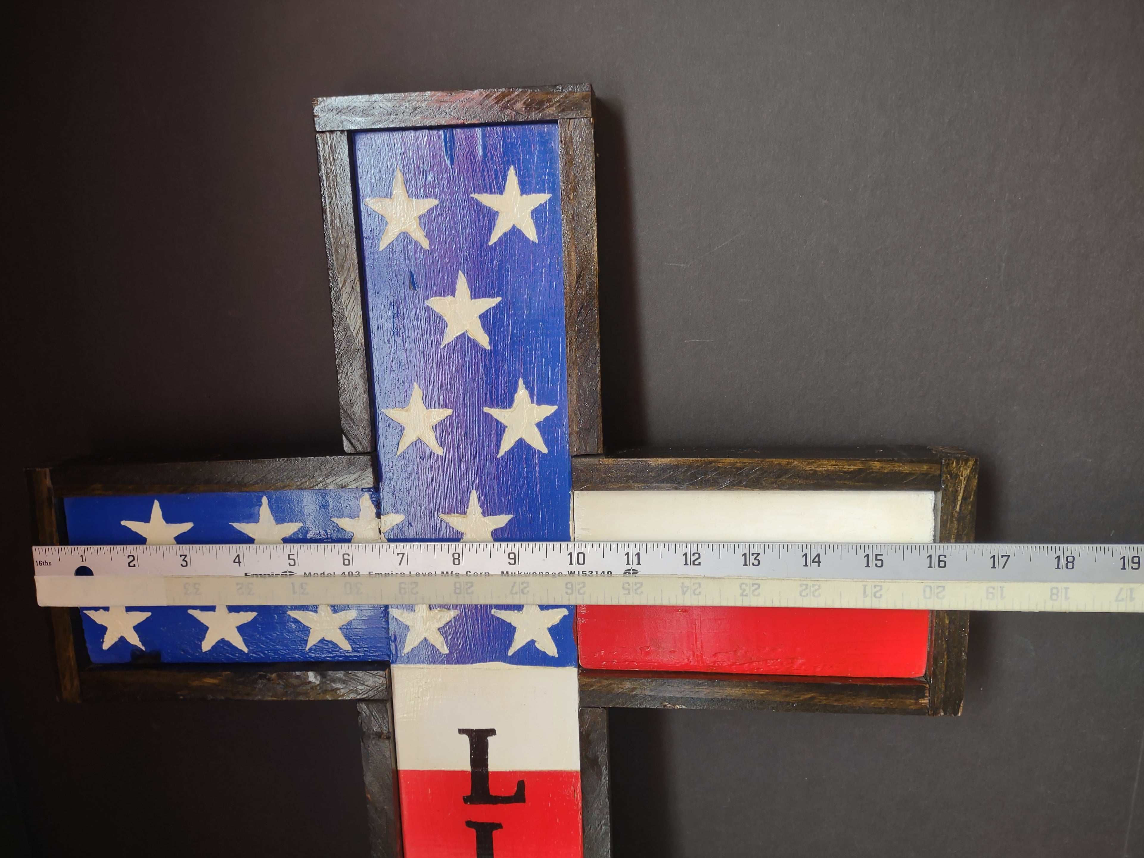 Handmade Patriotic Stars American Wooden Cross 27" x 17" (lot 3378)