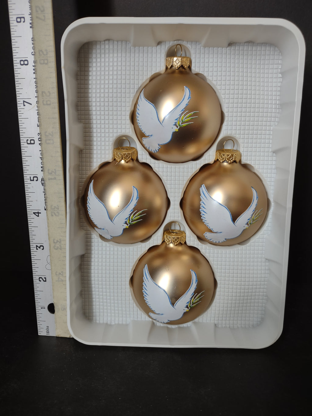 Vintage Christmas Visions Holly Glass Ornaments x 4 Dove Golden Matte (lot 3310)