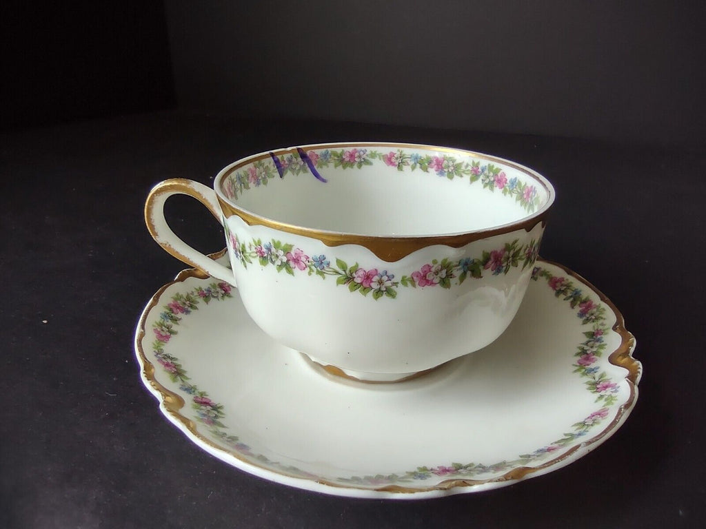 Haviland Limoges Gold Trim Pink Flower Garland Teacup & Saucer IMPERFECT lot 707