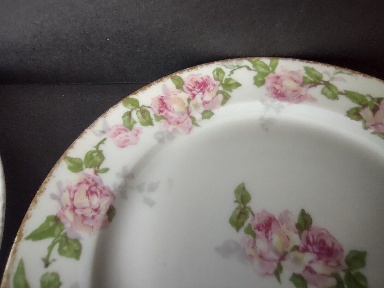 5 x PL Redon Limoges France Large Rose Dessert Plate Gold Trim 7-3/8" (lot 489)