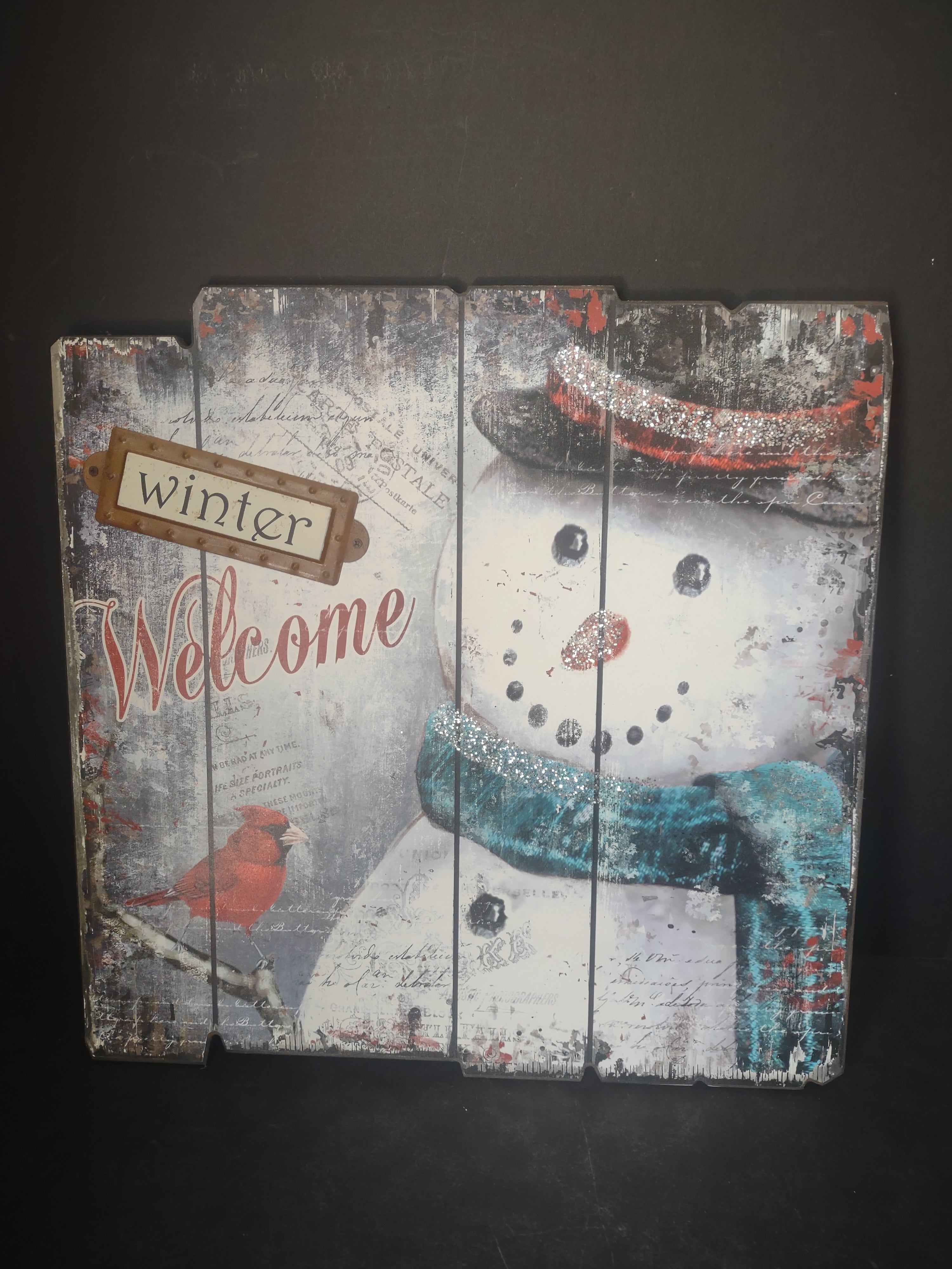 Christmas Wooden Winter Snowman Plaque Greeting Sign (lot 2721j)