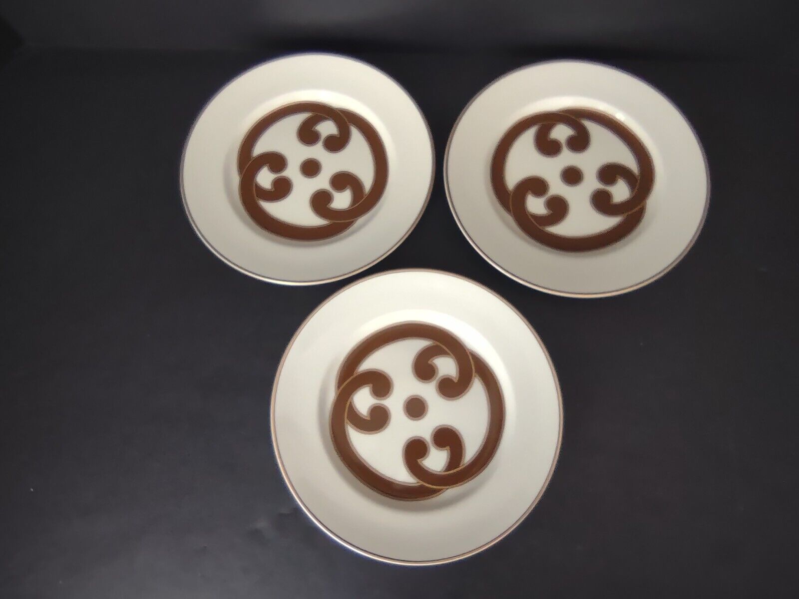 VIntage Rare Fitz and Floyd 3 x Charade Dessert Plate Brown Cream Gold (lot 535)