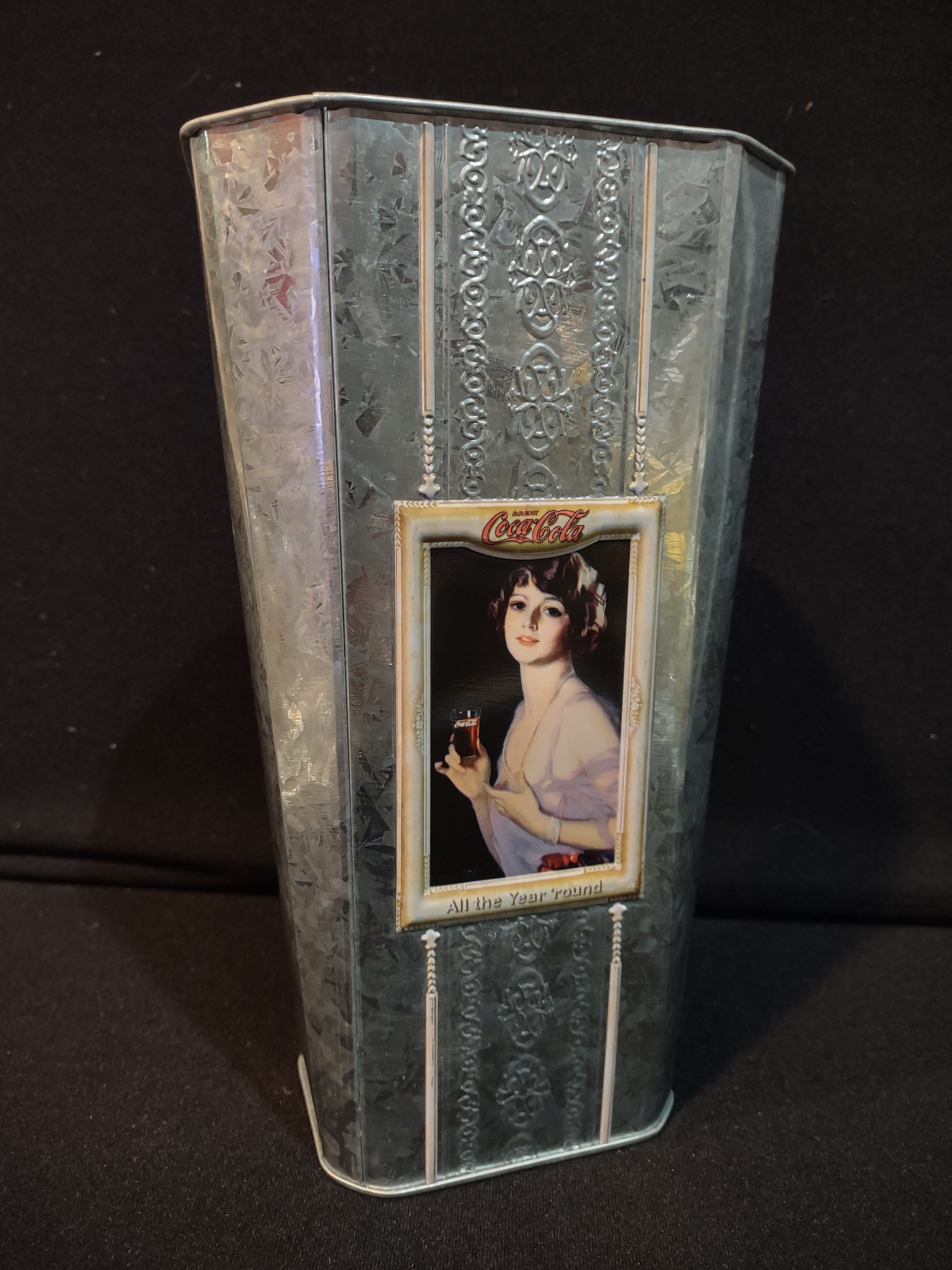 Vintage Coca-Cola Tin Vase Portrait All Year Around 10" (lot 5417)