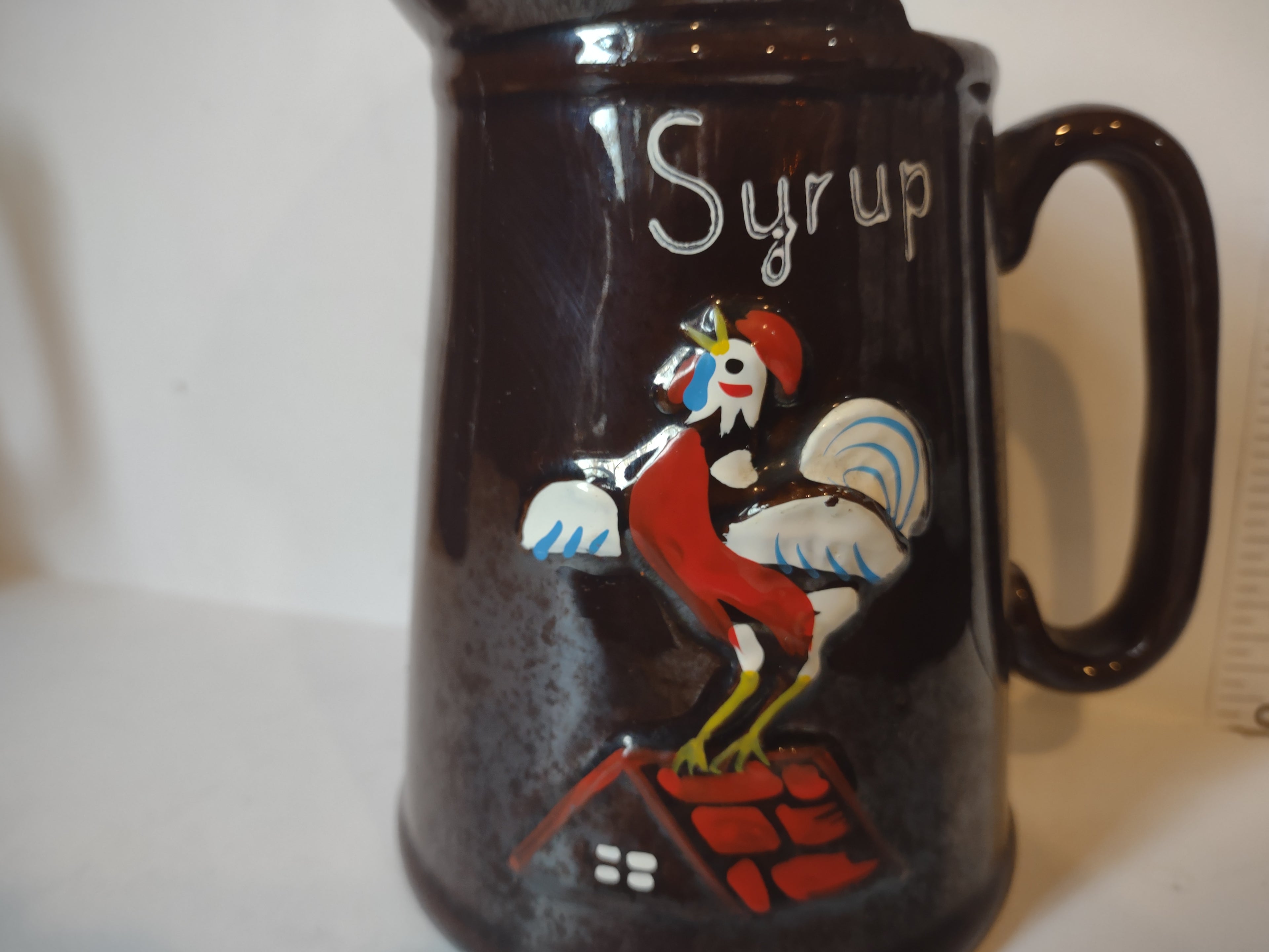 Vintage Redware Syrup Pitcher x 2 Rooster Vegetables (lot 2994c)