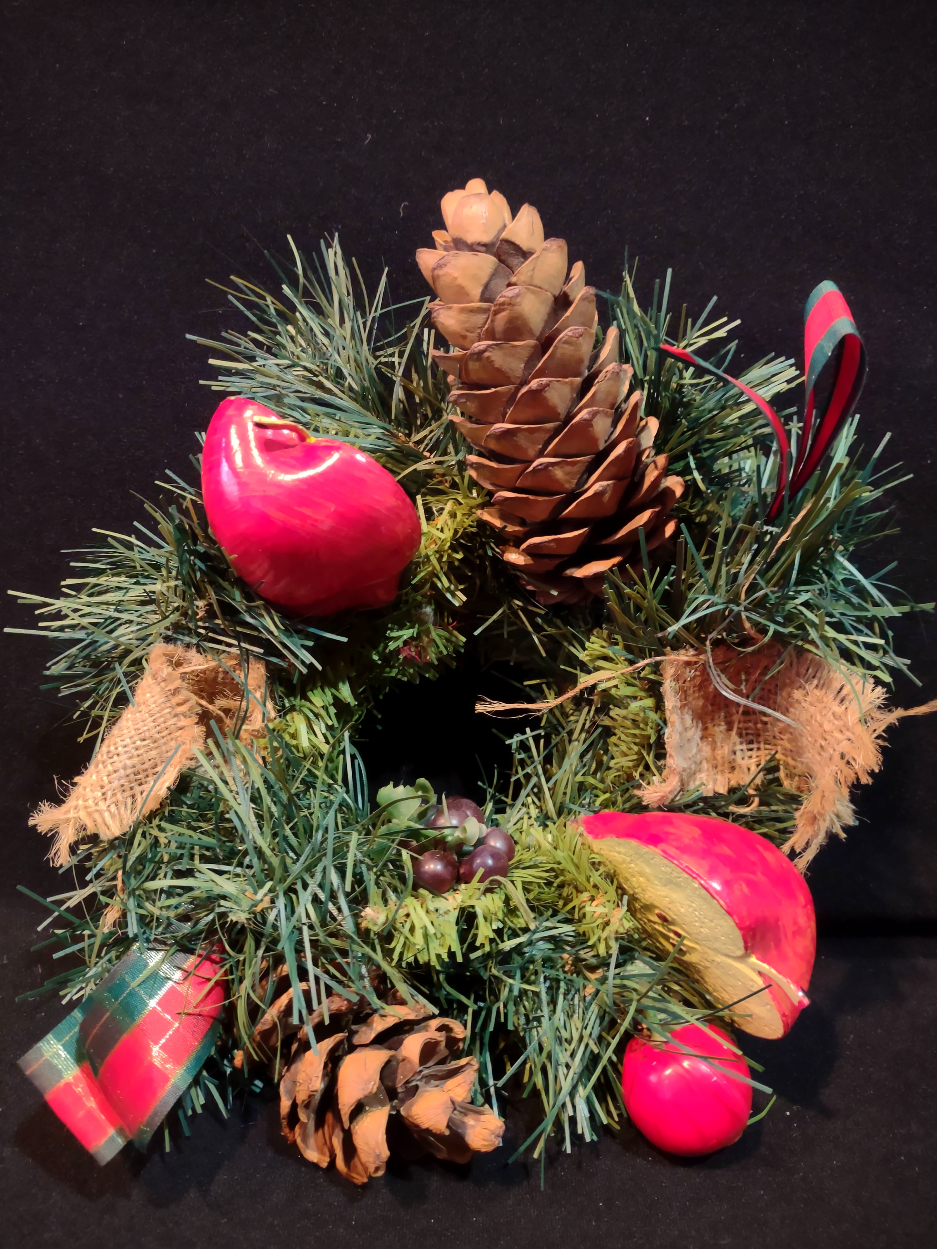 Vintage Christmas 10" Candle Ring Wreath Apples Pine Cones 3" Opening (Lot 4779)