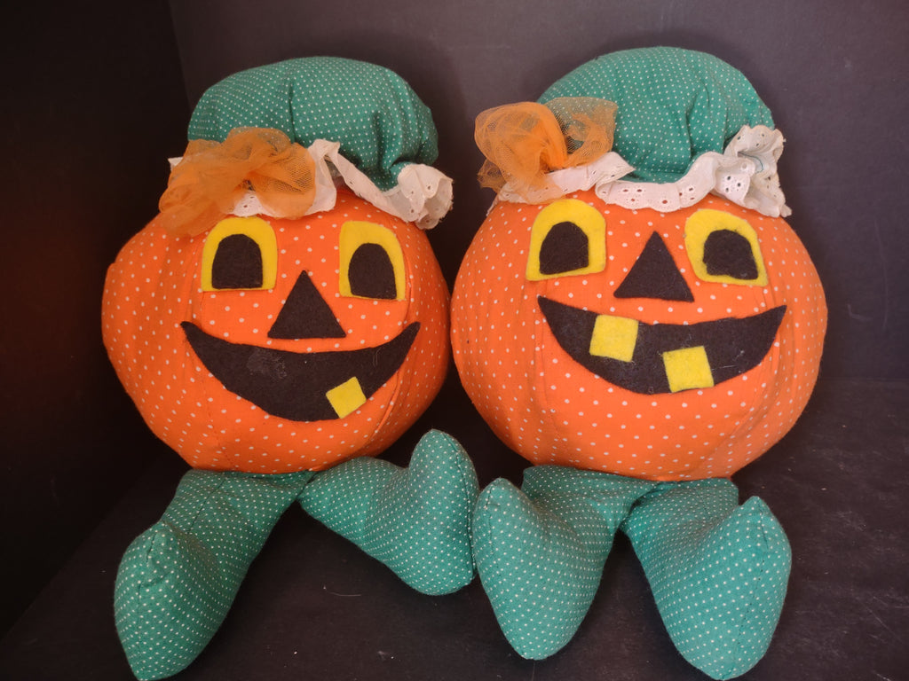 Vintage Halloween Primitive Plush Pumpkin with Hat & Legs x 2 (lot 3004j)