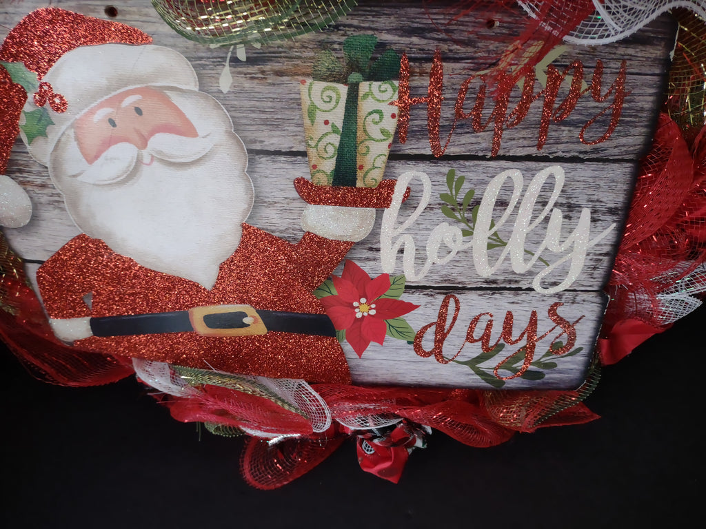 Christmas Happy Holly Days Mesh Ribbon Wreath Handmade 22" (lot 1399)