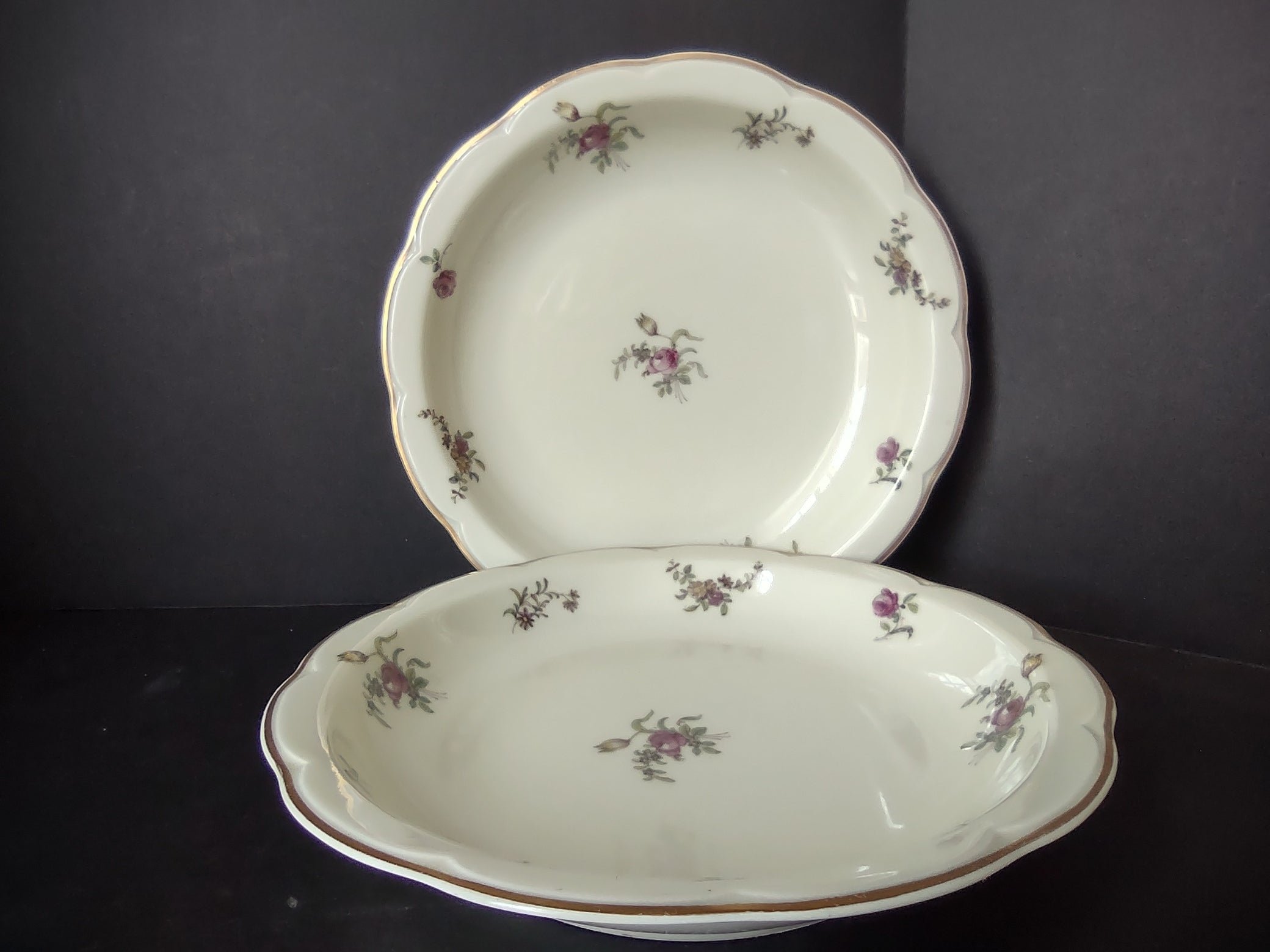 Haviland Limoges 2 x Cream Soup Spaghetti Bowl Peony Flower Cream Color (lot 925)