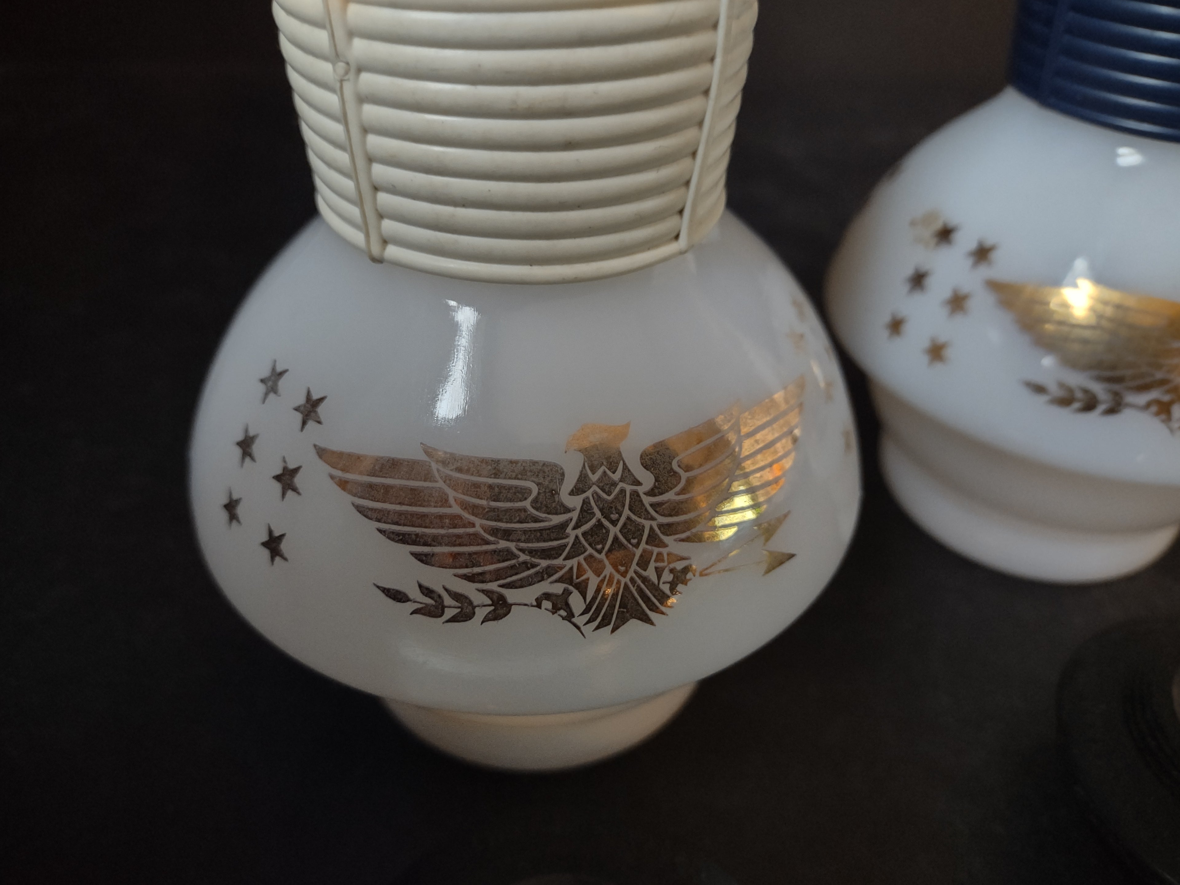 Vintage Mckee Hottle Glassmaker Milk Glass x 2 with Lid with Eagle (lot 5263)