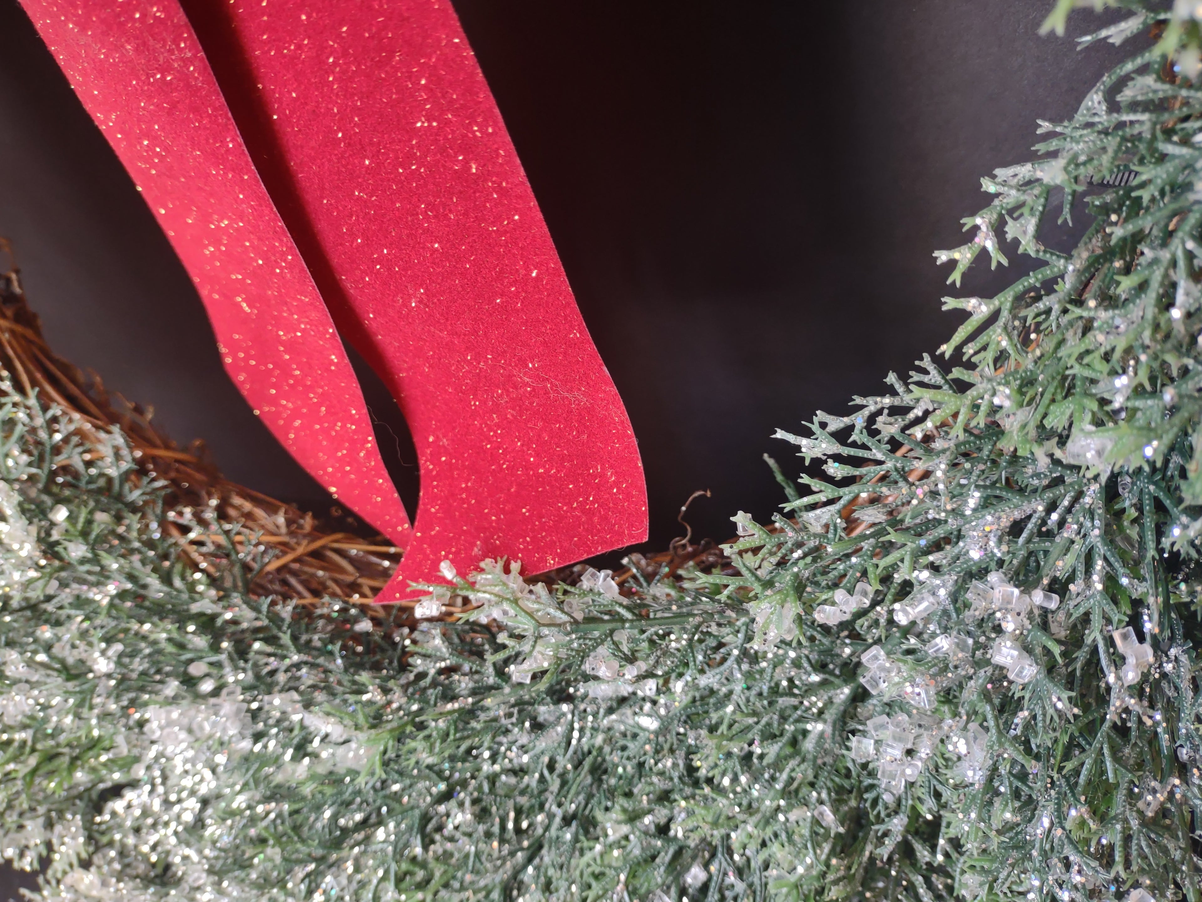 Vintage Christmas Iced Glitter Sparkly Front Door Wreath Red Bow 20" (lot 1176)