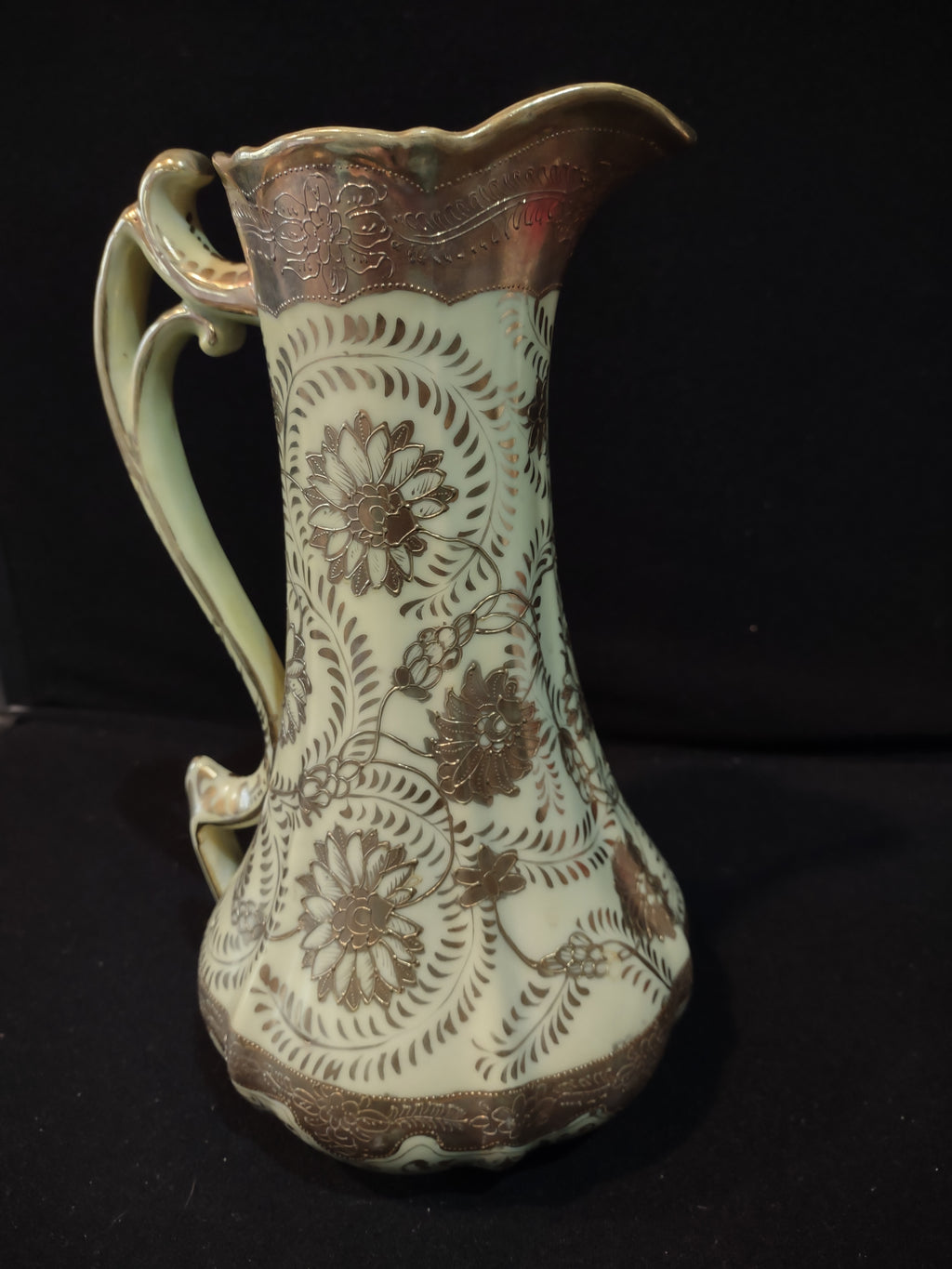 Vintage Ewer Pitcher Lime Golden Trim Floral Design Ornate Handle (Lot 5229)