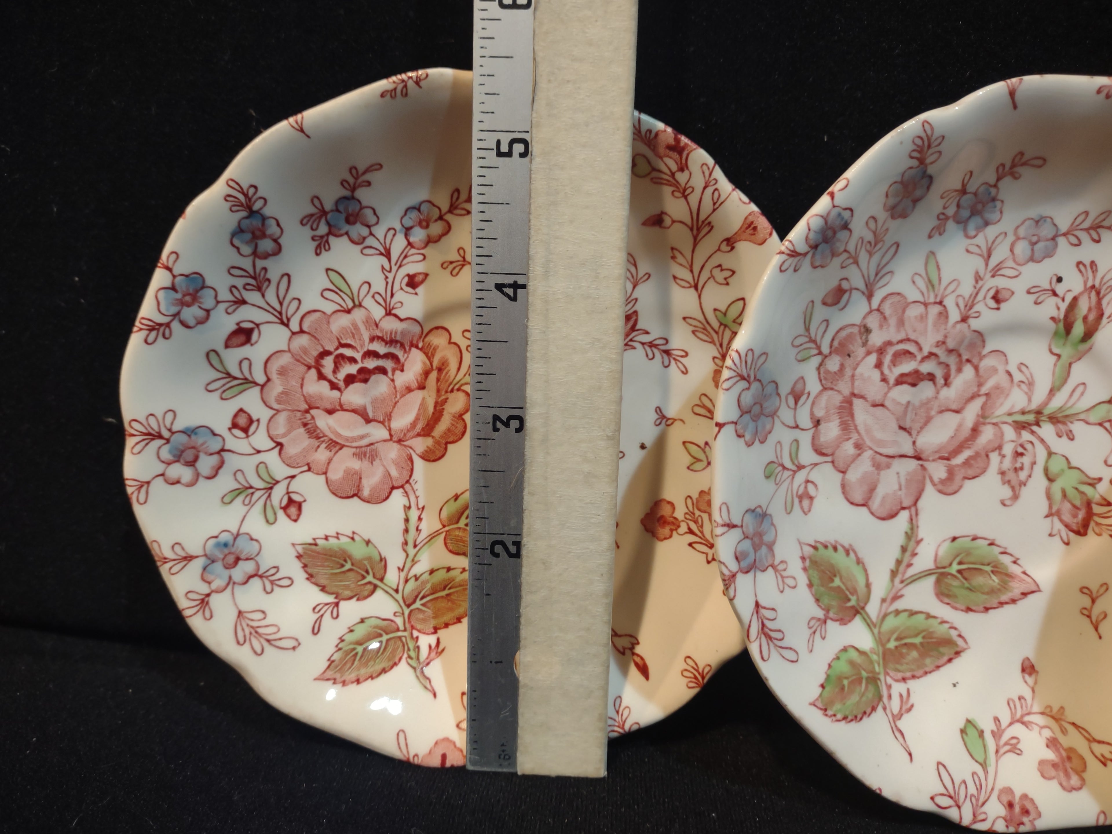 Vintage Saucer x 4 Rose Chintz Johnson Brothers Black Stamp England (lot 5697)