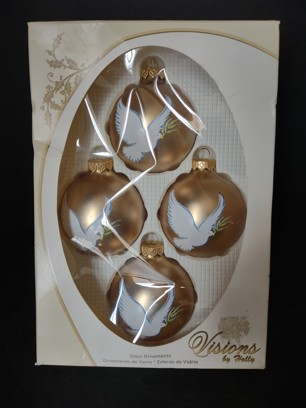 Vintage Christmas Visions Holly Glass Ornaments x 4 Dove Golden Matte (lot 3310)