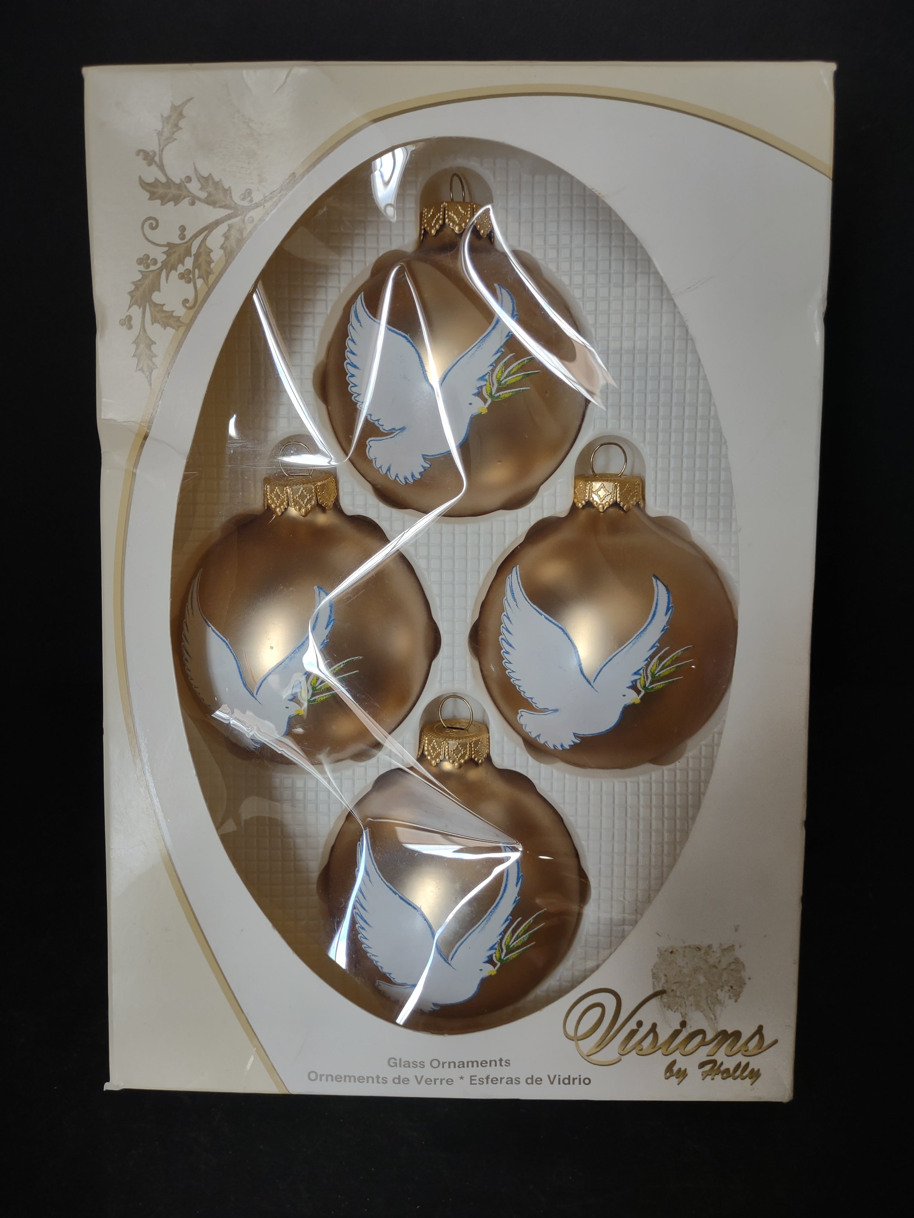 Vintage Christmas Visions Holly Glass Ornaments x 4 Dove Golden Matte (lot 3310)
