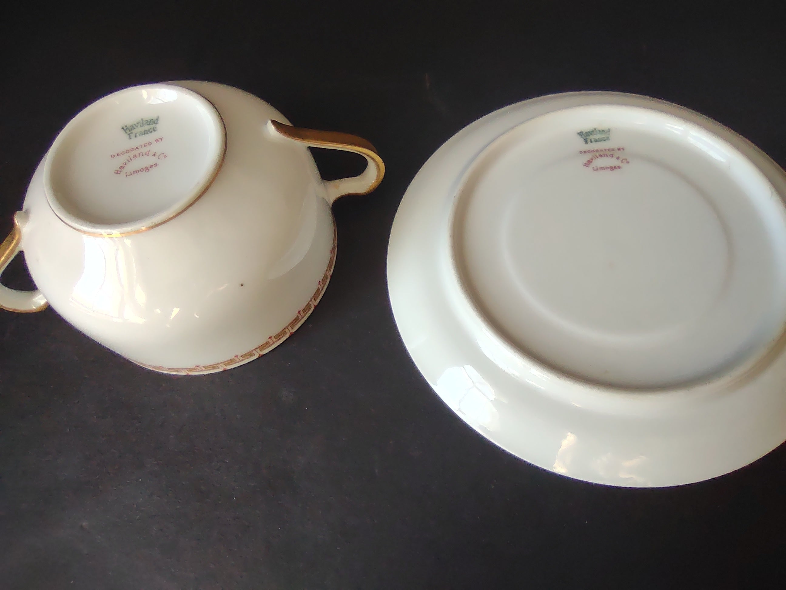 Haviland Limoges Bouillon Cup and Saucer Green Red Design (lot 1063)