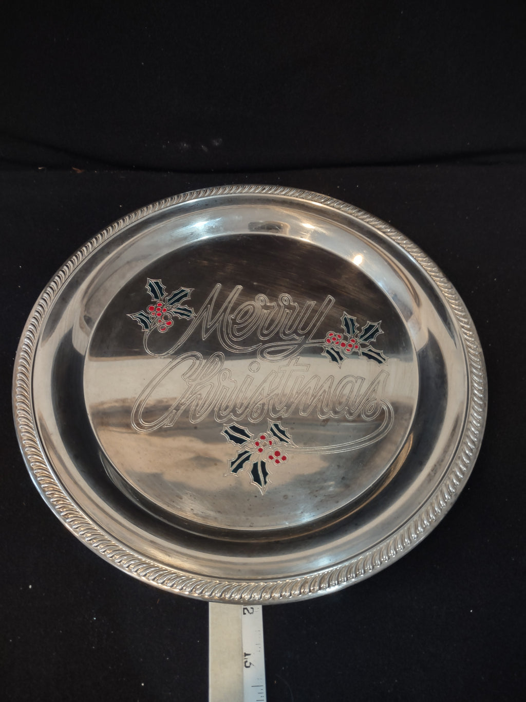 Vintage Silver Plated Serving Platter Christmas Holly Berries (Lot 3955)