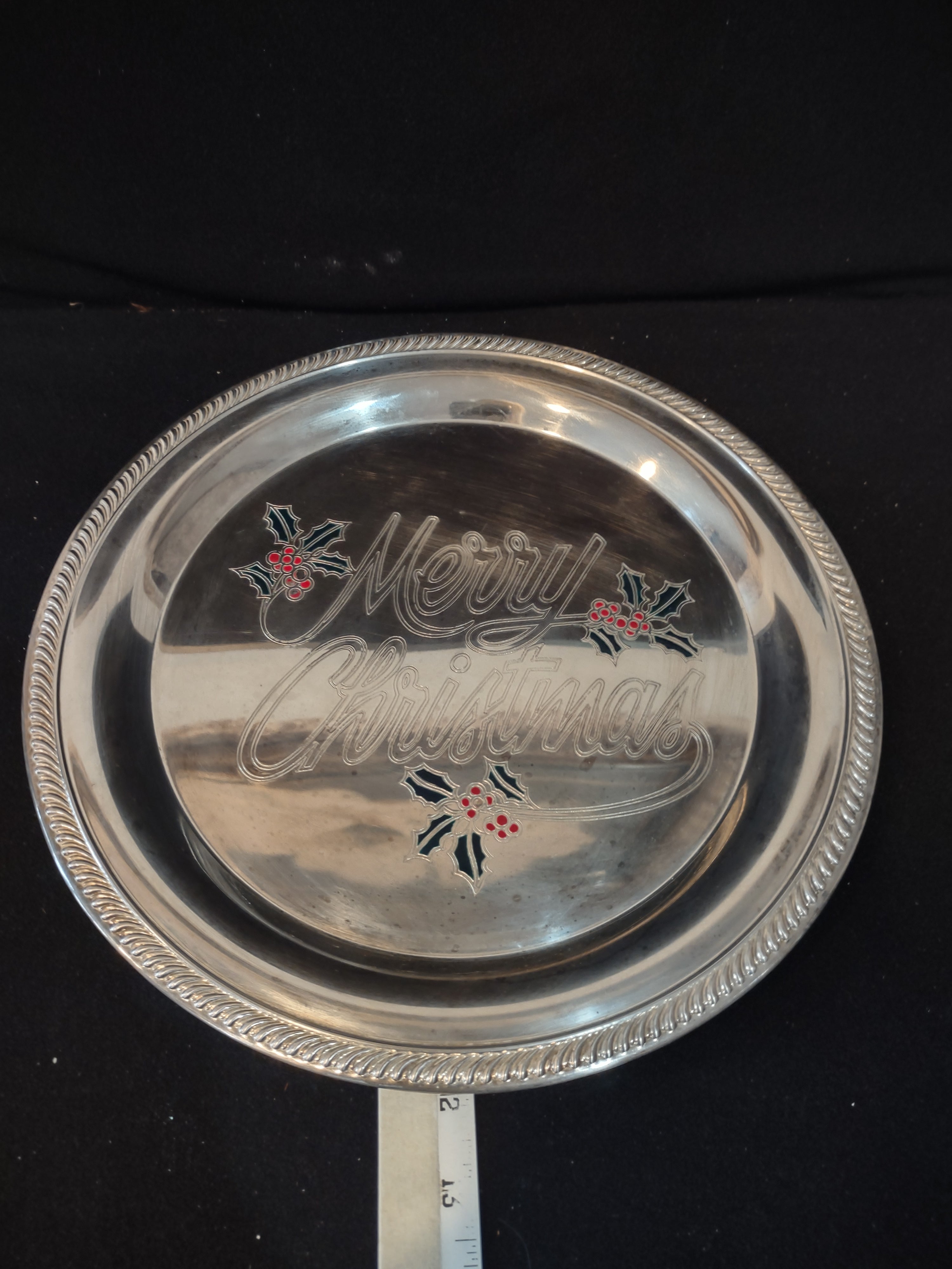 Vintage Silver Plated Serving Platter Christmas Holly Berries (Lot 3955)