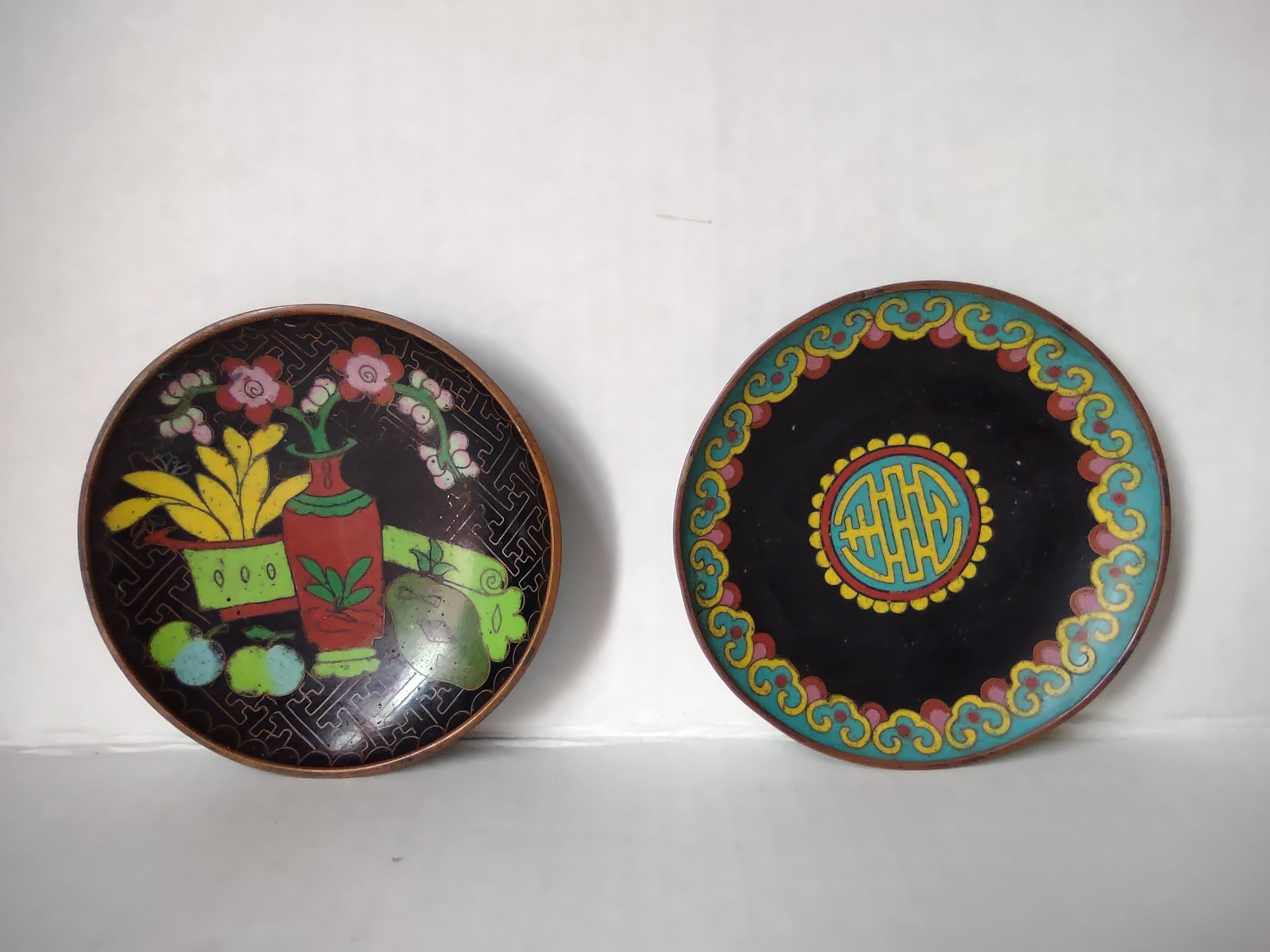 Vintage Set of 2 Chinese Metal Coaster Ashtray Dish Enameled (lot 5331)