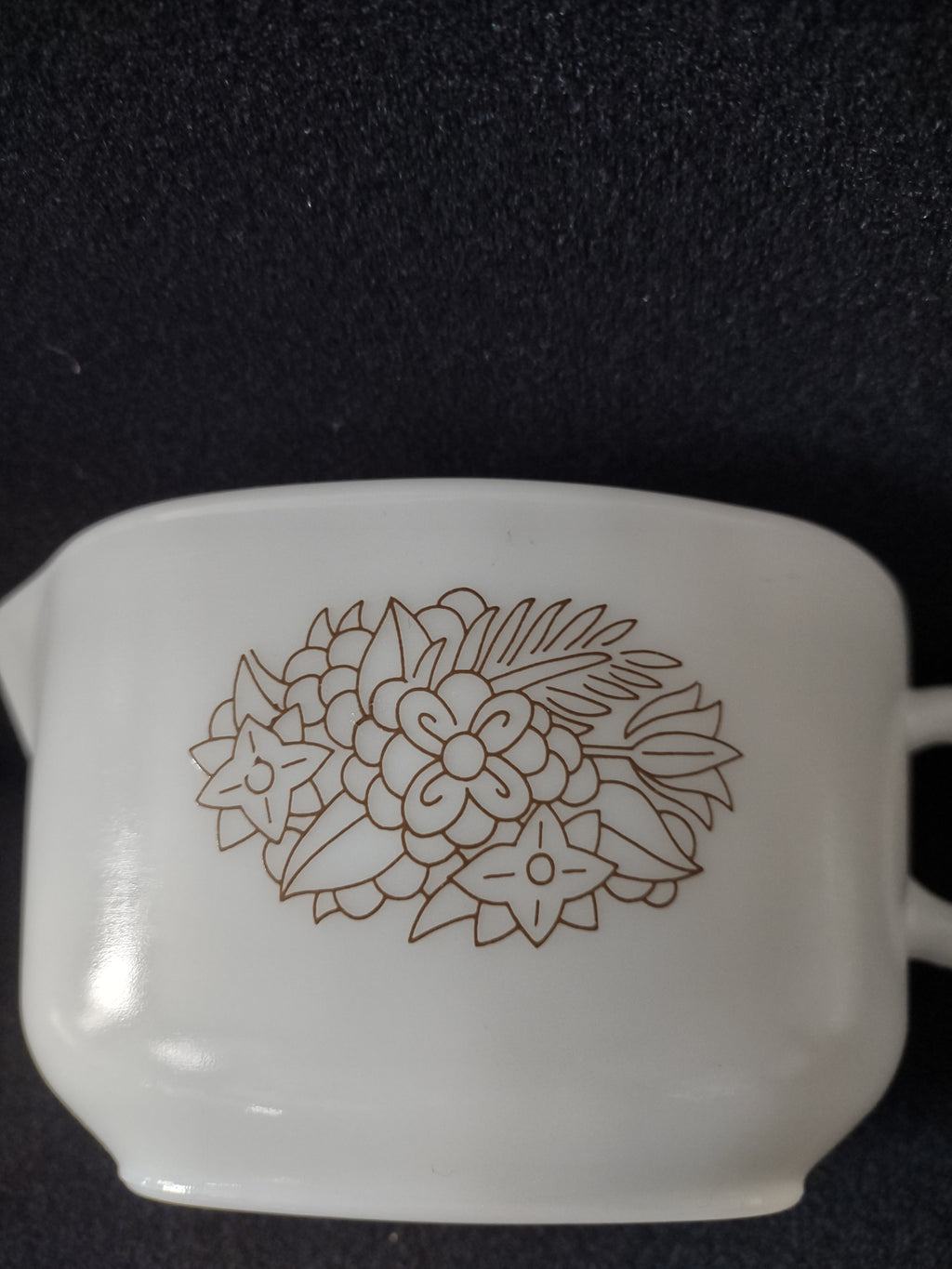 Vintage Milk Glass Pyrex Gravy Boat Woodland Brown Flowers (Lot 5242)
