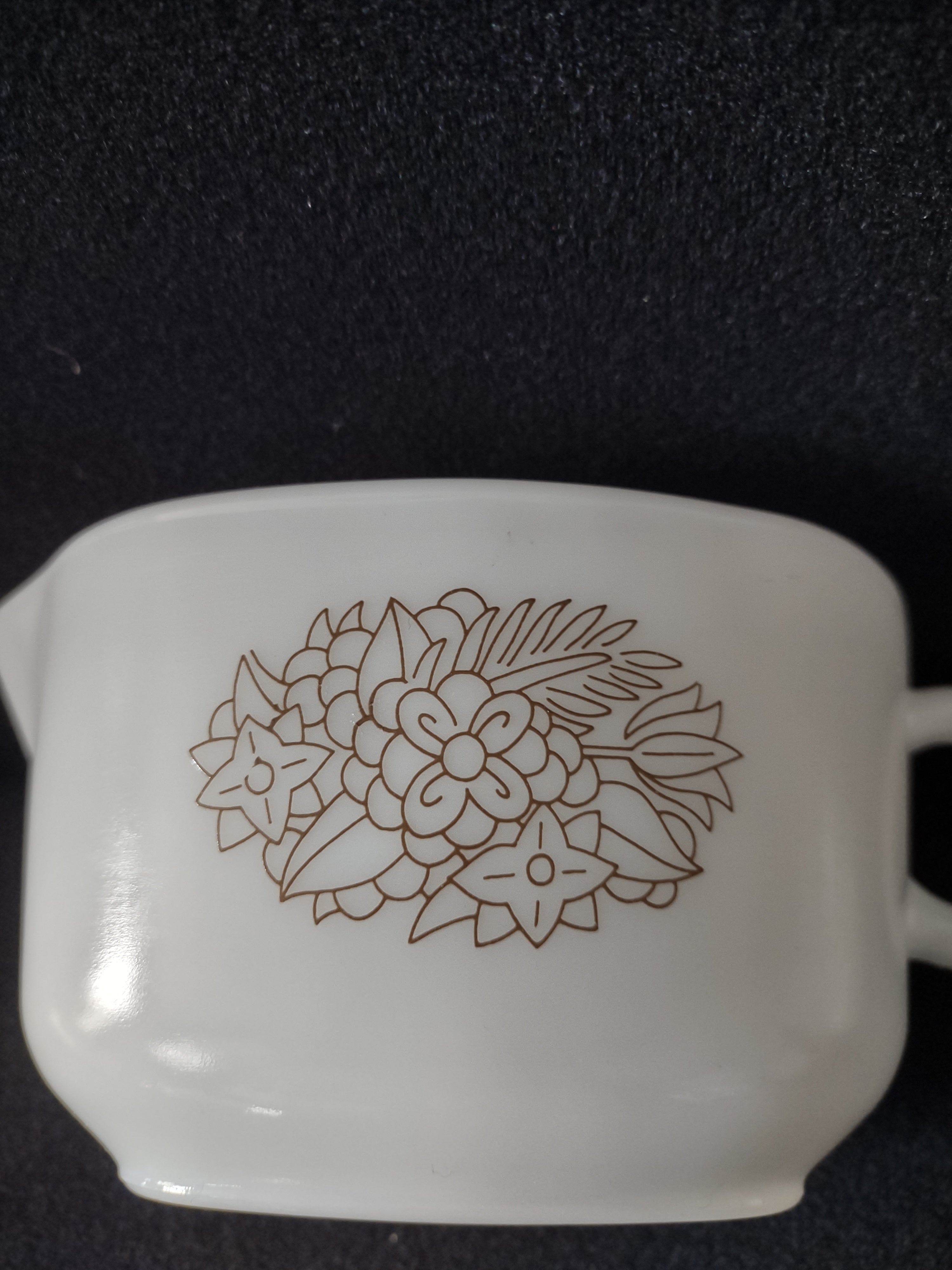 Vintage Milk Glass Pyrex Gravy Boat Woodland Brown Flowers (Lot 5242)