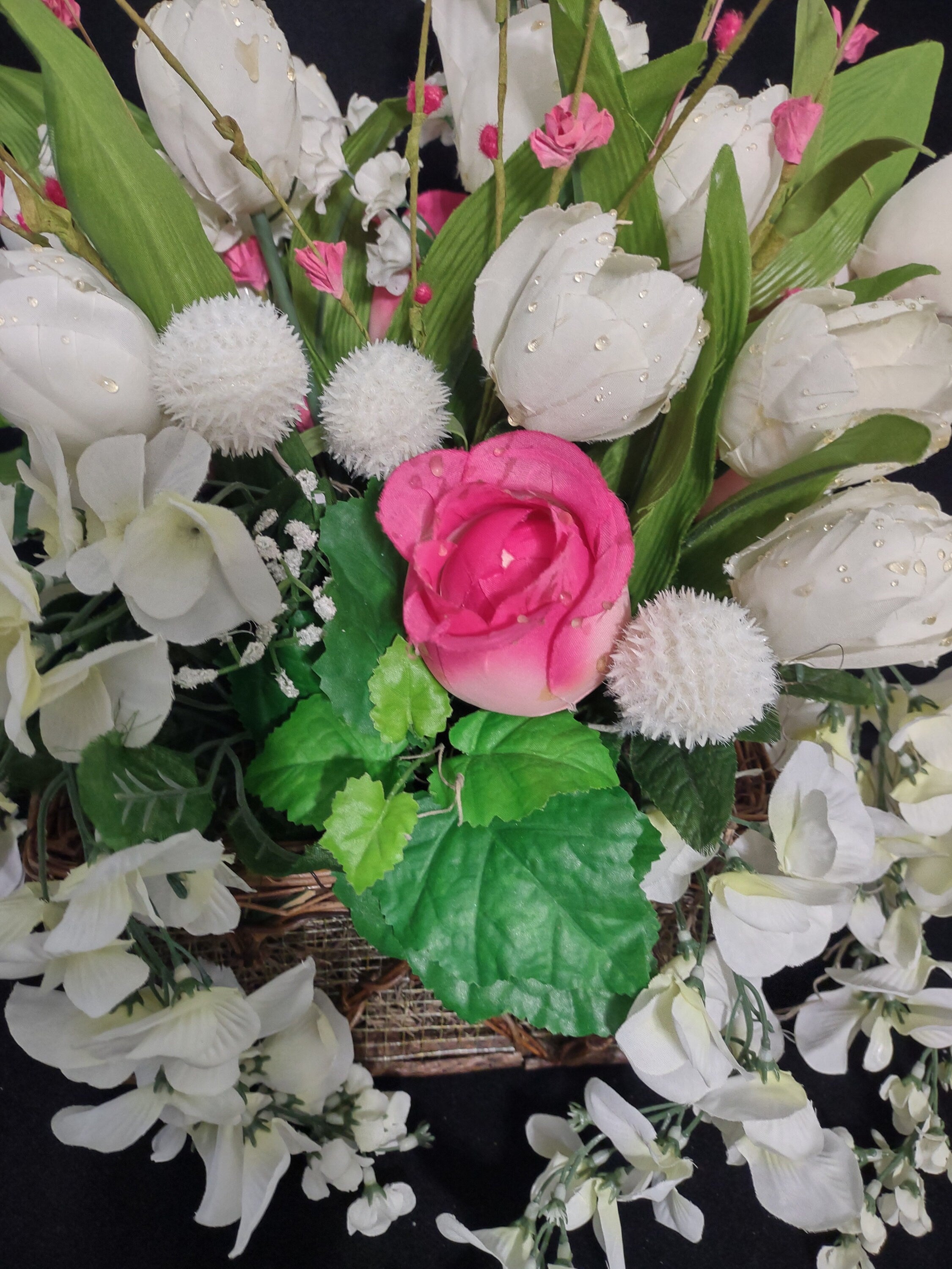 Basket Artificial Flowers Pink White Rose Centerpiece Mothers Day (lot 2661)