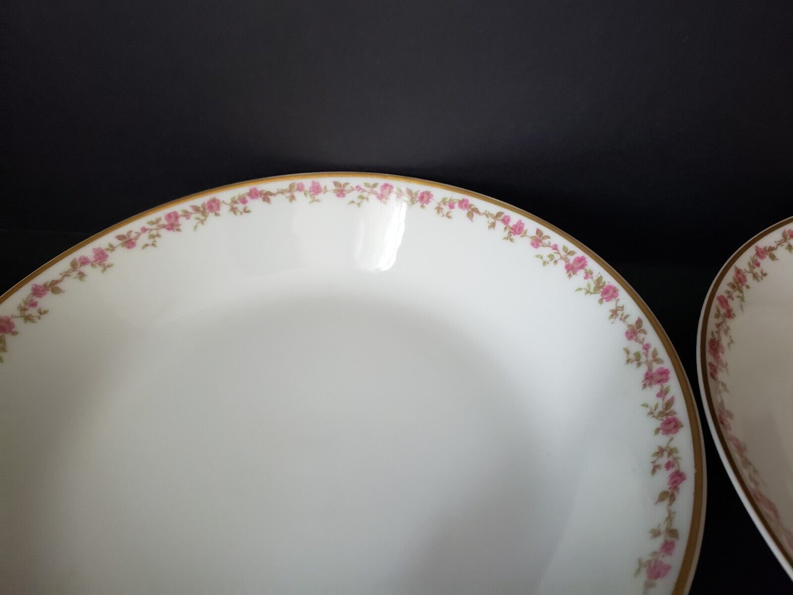 Haviland Limoges France 3 x Coupe Soup Plate Gold Trim Pink Rose Garland lot 568