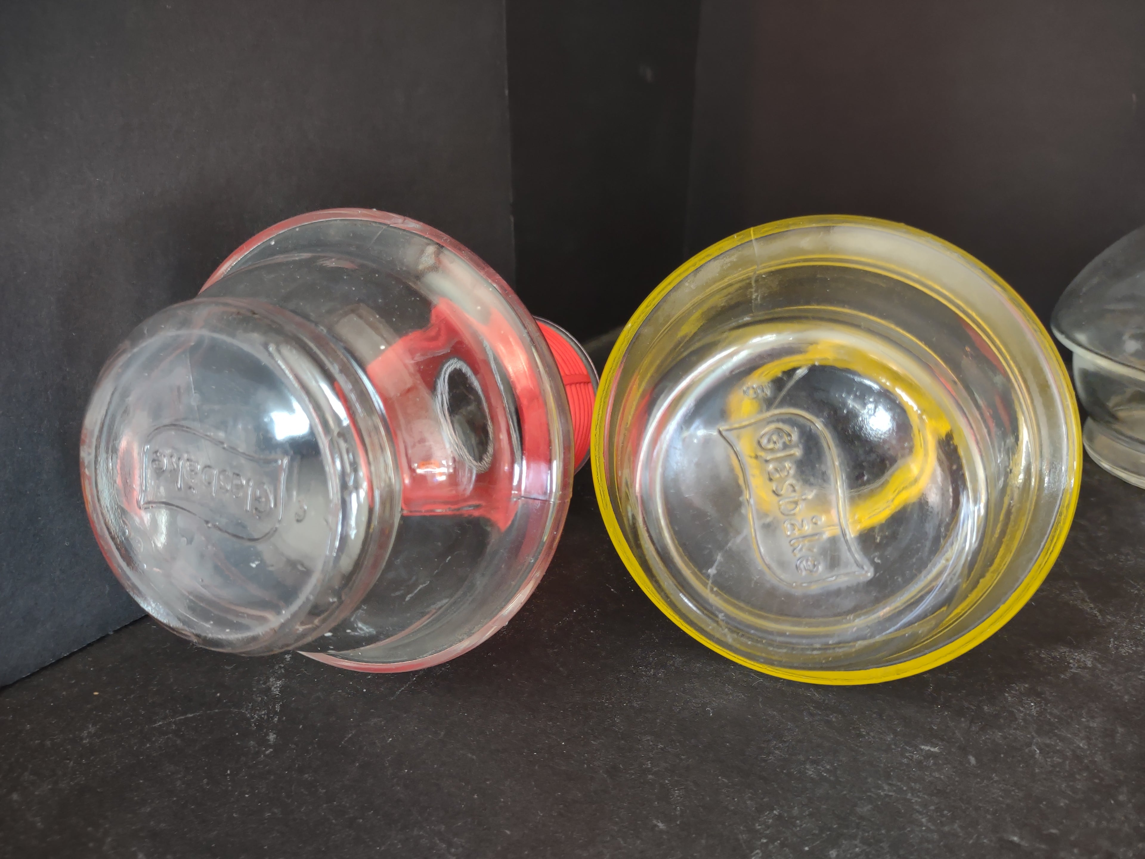 Vintage Hottle Carafe Clear Glass x 4 NO Lid Glasbake Red Yellow (lot 5314)