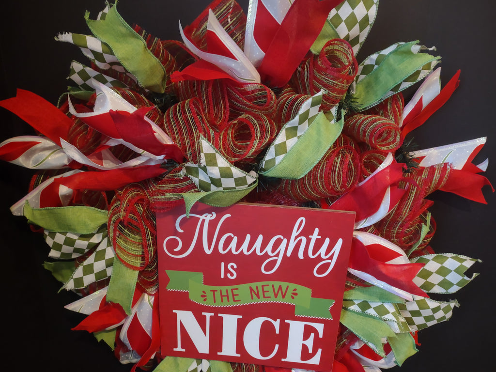 Christmas Naughty is New Nice Mesh Ribbon Wreath Handmade 22" (lot 1398)