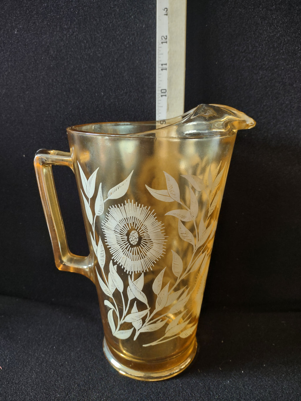 Vintage Jeannette Marigold Carnival Glass Pitcher Amber White Floral (Lot 5124)