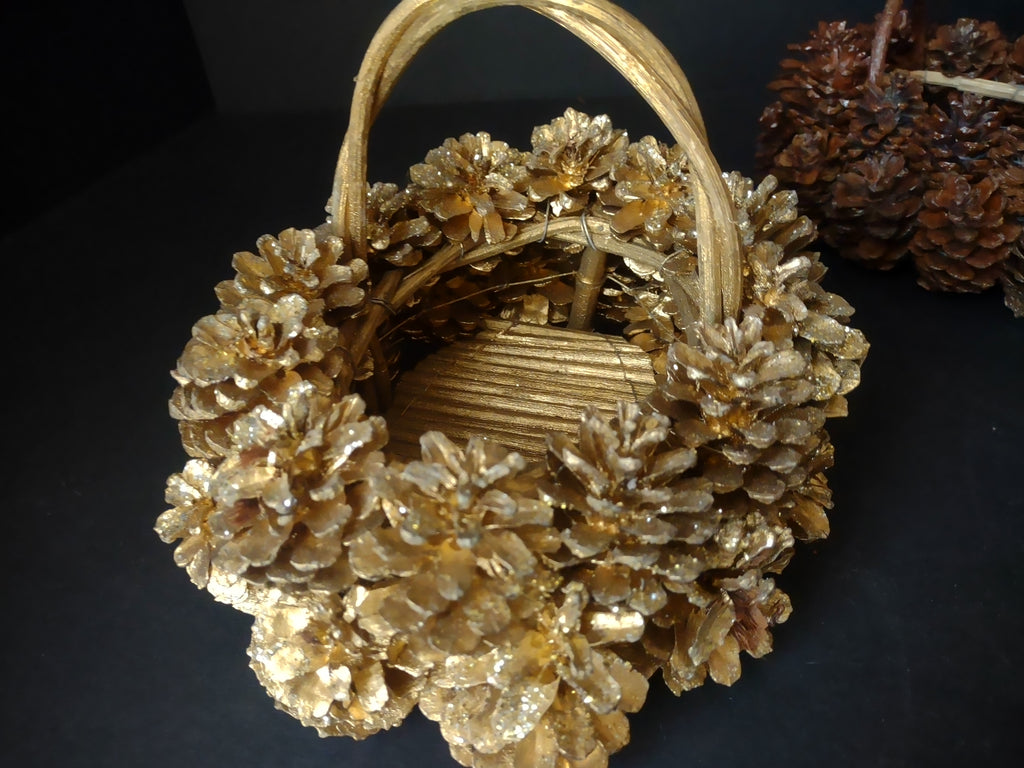 Vintage Christmas Golden Primitive Rustic Pinecone Basket x 2 (lot 1183)