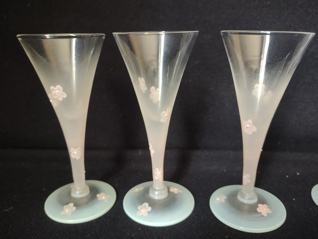 Set 6 Frosted Mini Small Martini Pink Flowers Hand Painted Vintage MCM (lot 2742