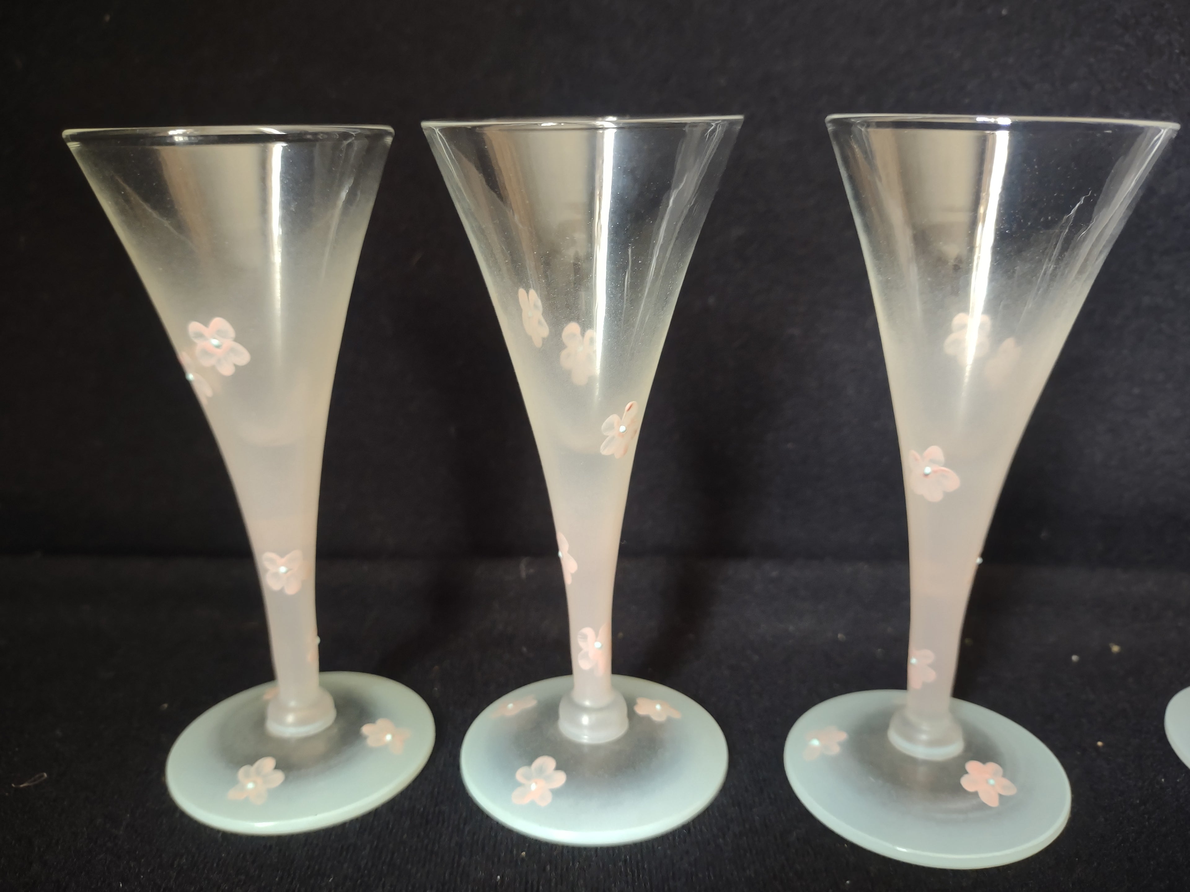 Set 6 Frosted Mini Small Martini Pink Flowers Hand Painted Vintage MCM (lot 2742