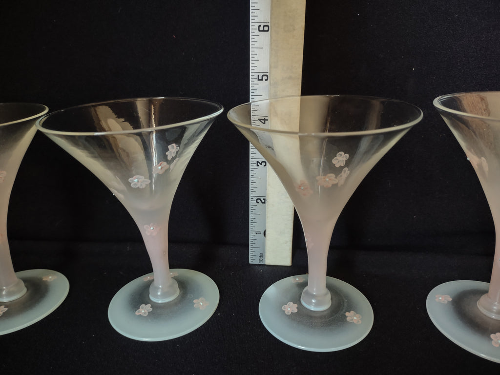 Set of 4 Vintage MCM Frosted Martini Glass Pink Flower Handpainted (lot 2740)