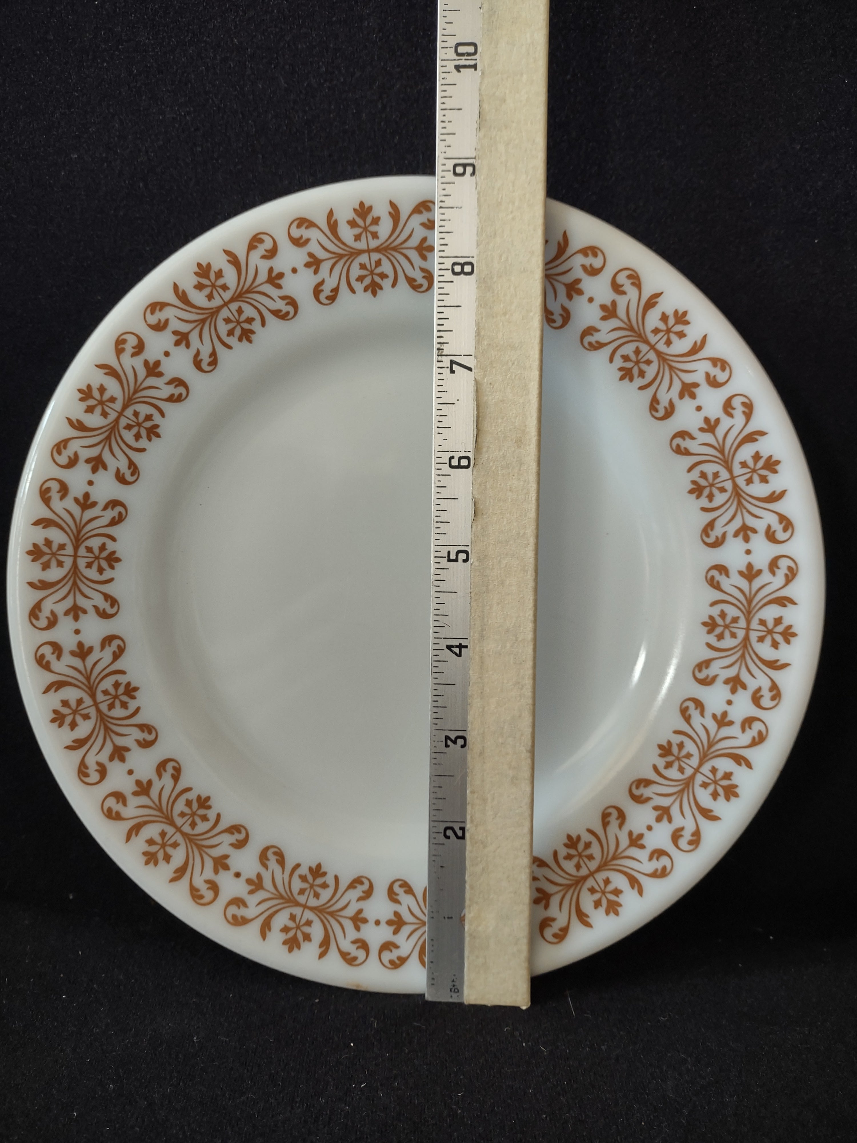 Vintage Milk Glass USA Pyrex Copper Filigree 9" Lunch Plate x 2 (lot 5207)