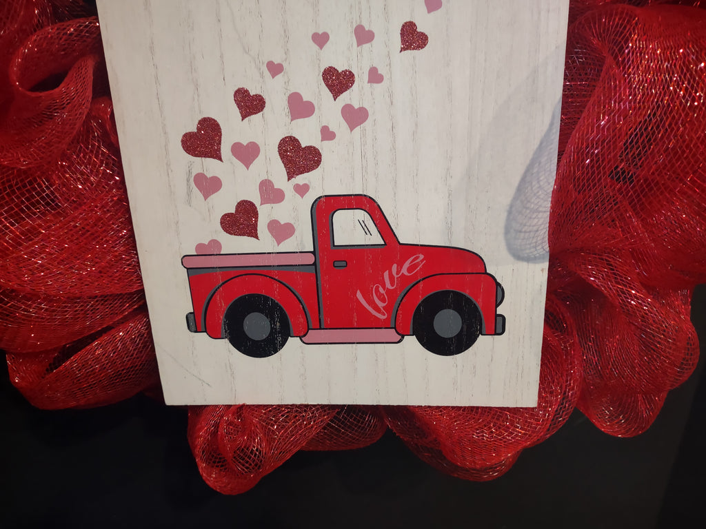 Valentines Day Red Truck Mesh Ribbon Wreath 22" (lot 1386)
