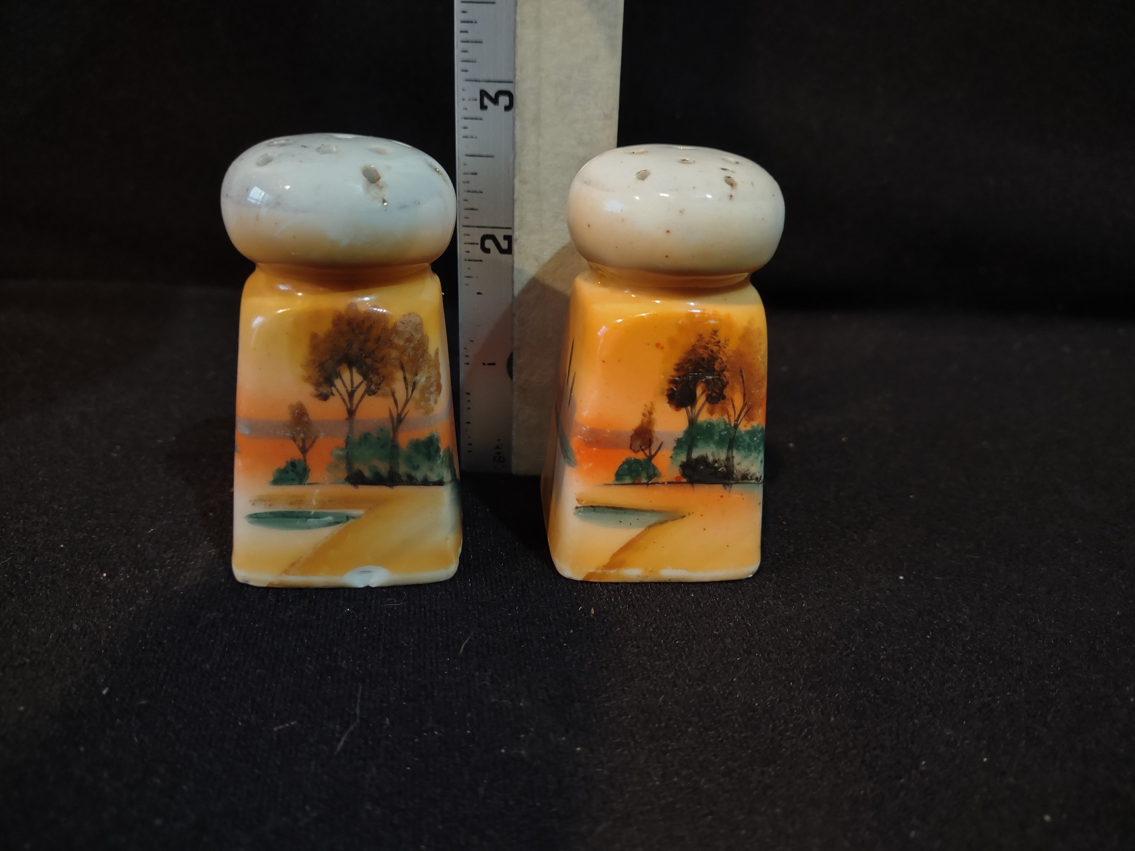 Vintage Japan Ceramic Salt Pepper Shaker Lake Trees Orange IMPERFECT (lot 5371)