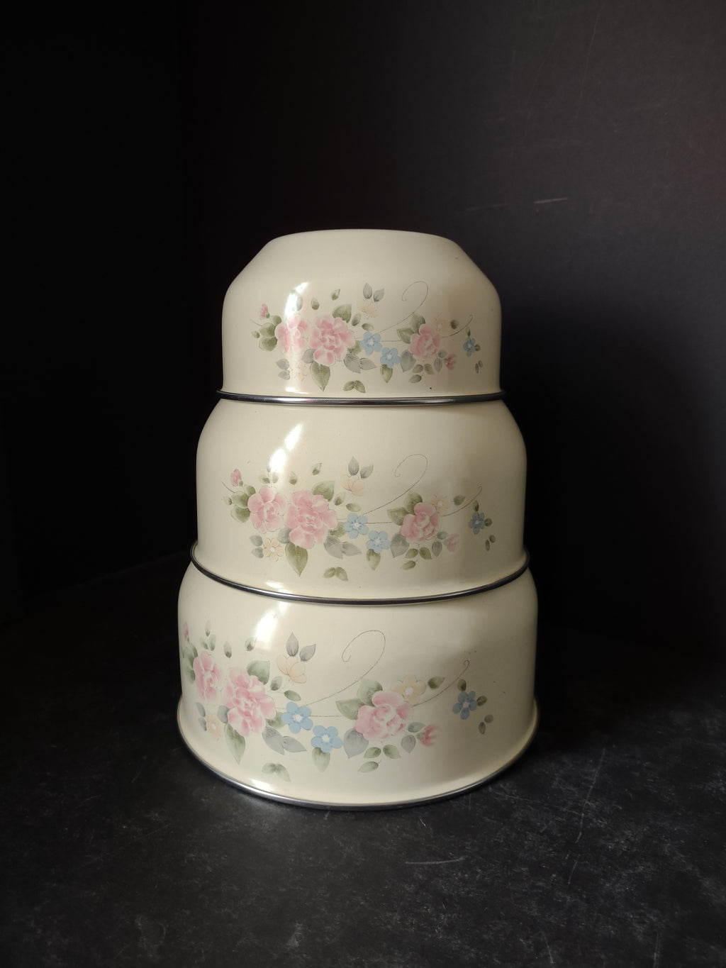 Set of 3 Enameled Mixing Bowls Pink Flowers NO Lids (lot 5310)