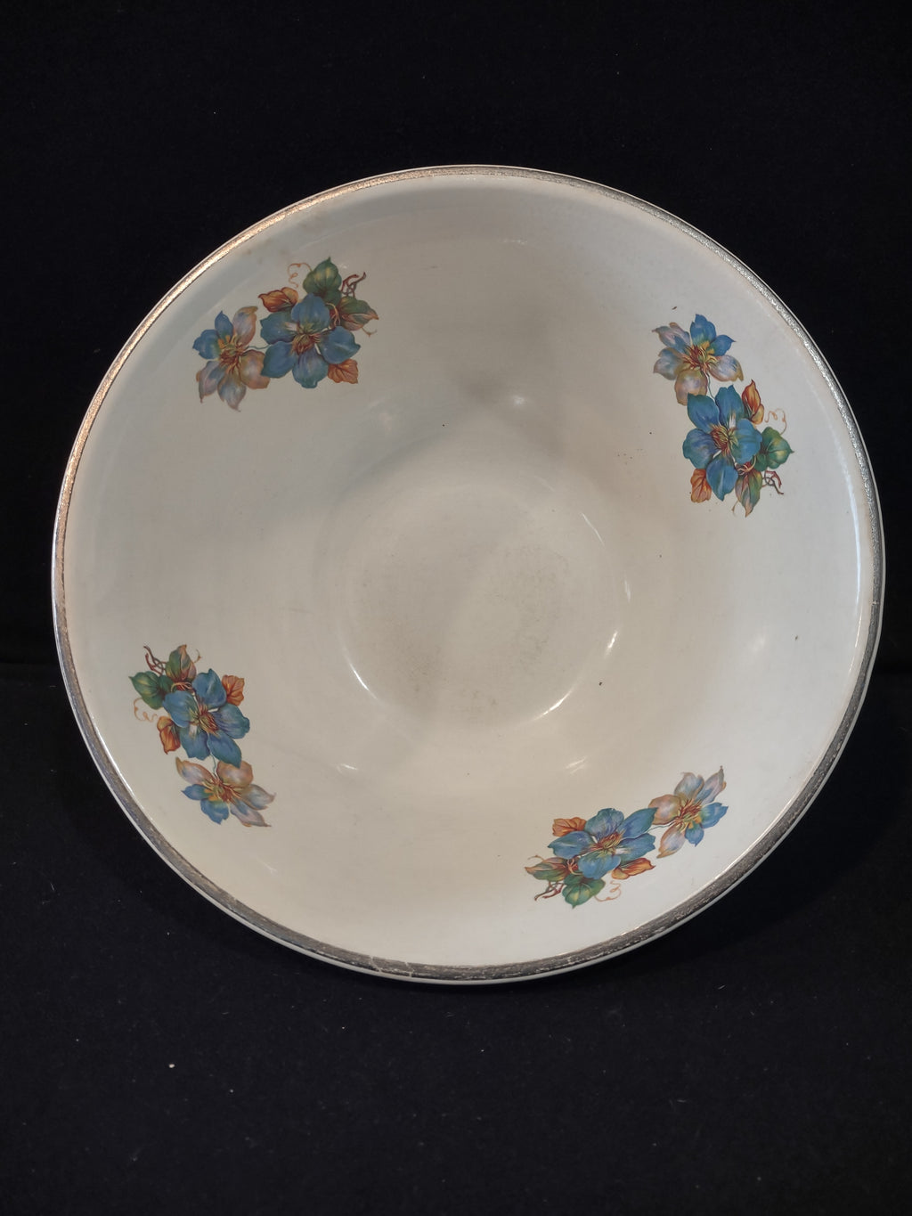 Vintage 11" Serving Mixing Bowl Blue Flower Gilded Trim Tapered (Lot 5222)
