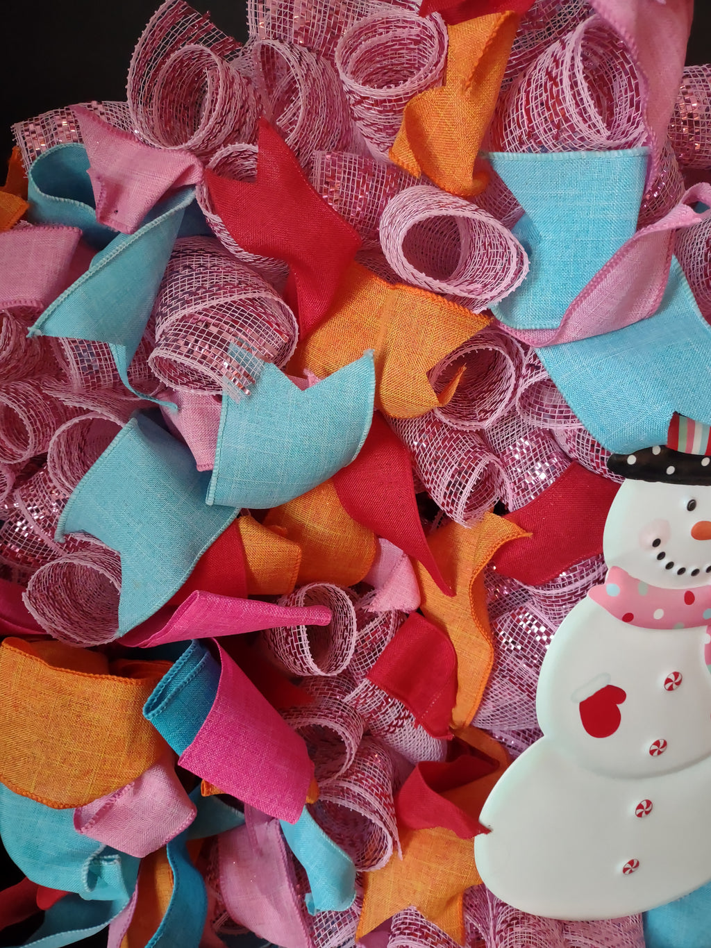 Handmade Christmas Wreath 24" Pink Orange Blue Ribbon Sparkly Snowman (lot 1291)