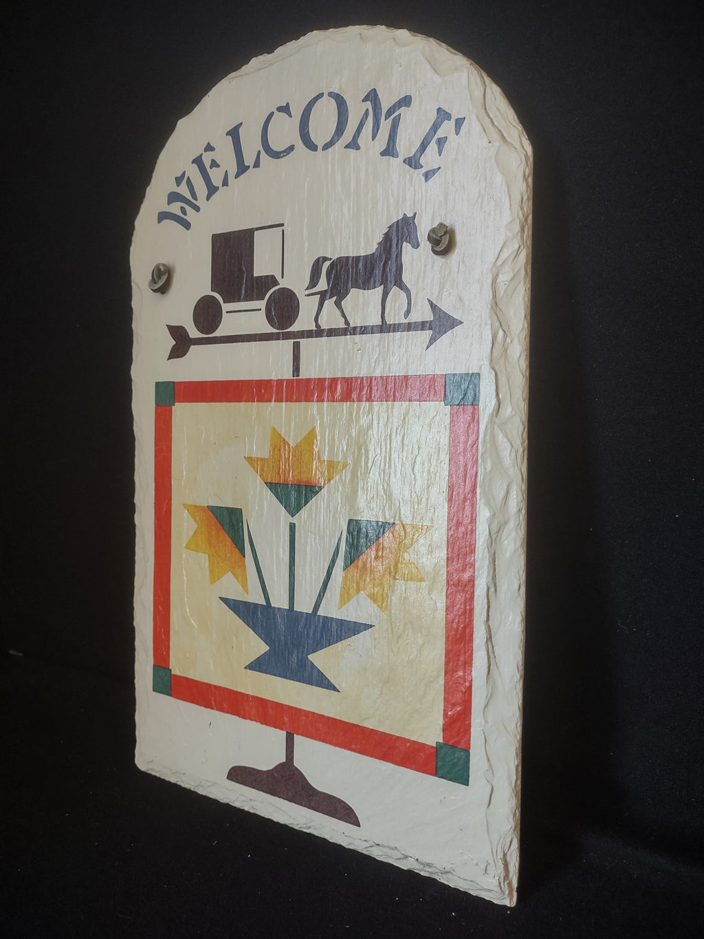 Vintage Slate Stone Painted Welcome Horse with Buggy Sign 13" x 8" (lot 2684c)