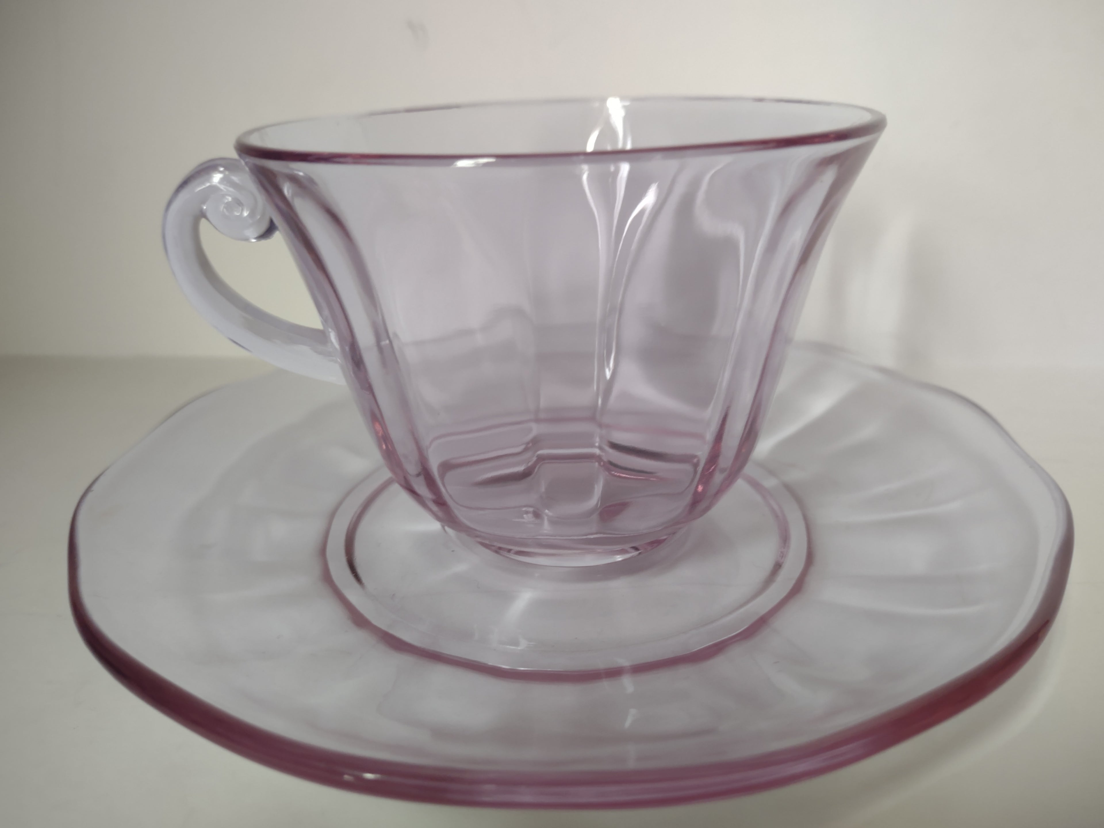 Fostoria Wisteria Lilac Lafayette Glass Teacup & Saucer Set Neodymium (lot 2730)