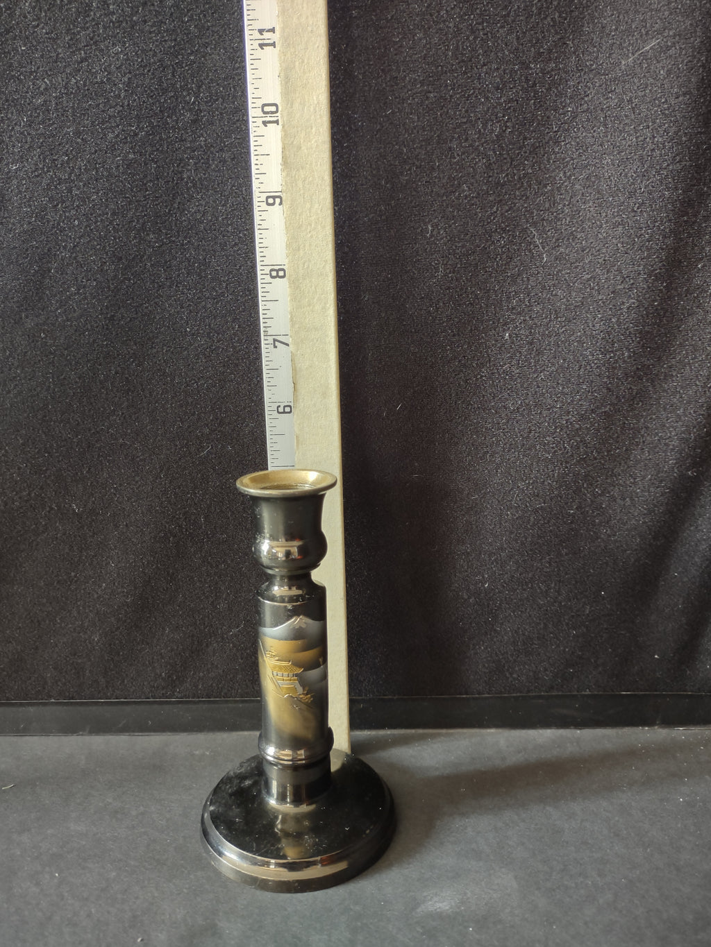 Vintage Japanese Etched Lacquered Metal Candlestick Gold Silver Pagoda (Lot 5317
